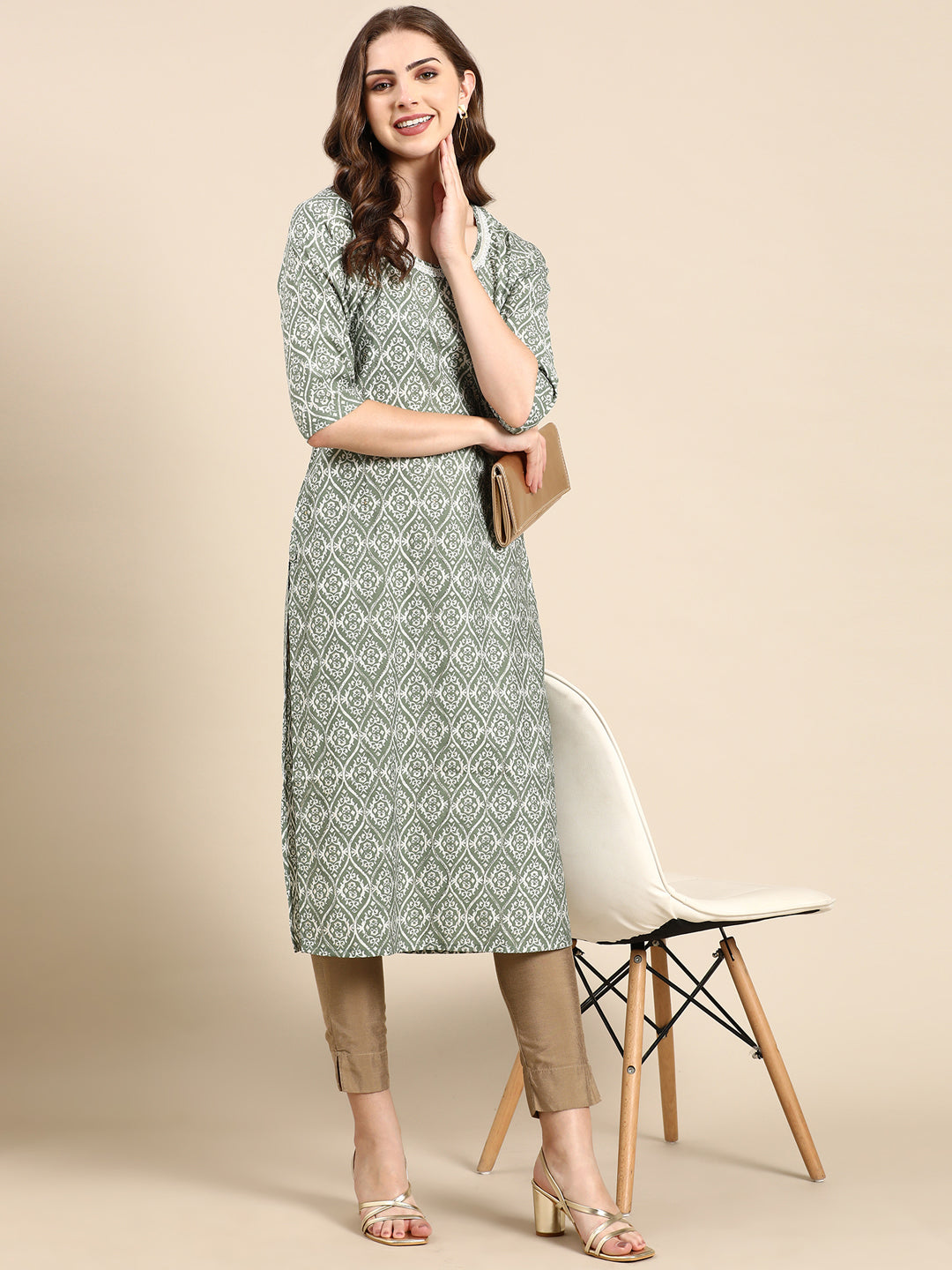 Women's Sea Green Printed Straight Kurta