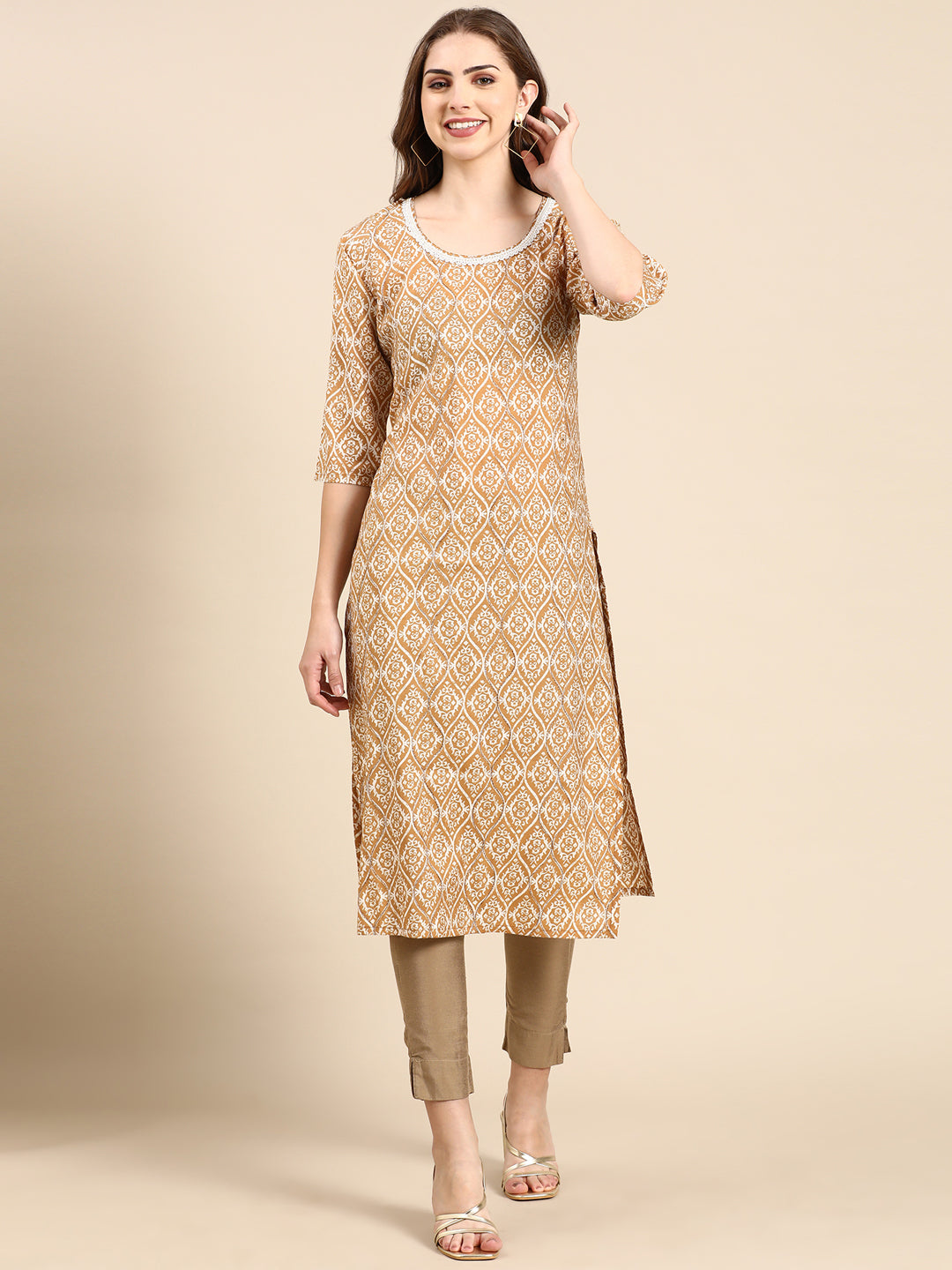 Women's Tan Printed Straight Kurta