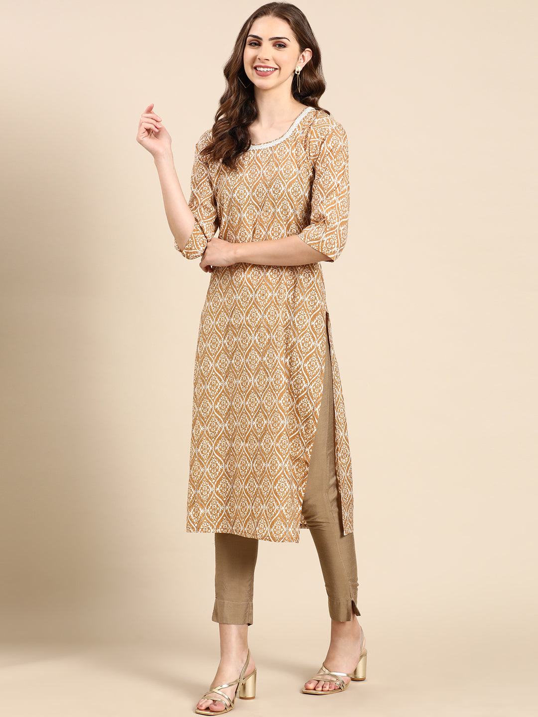 Women's Tan Printed Straight Kurta