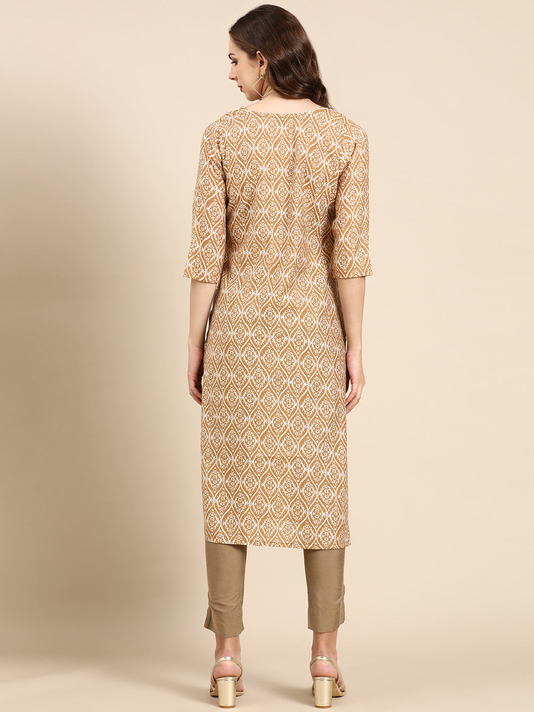 Women's Tan Printed Straight Kurta