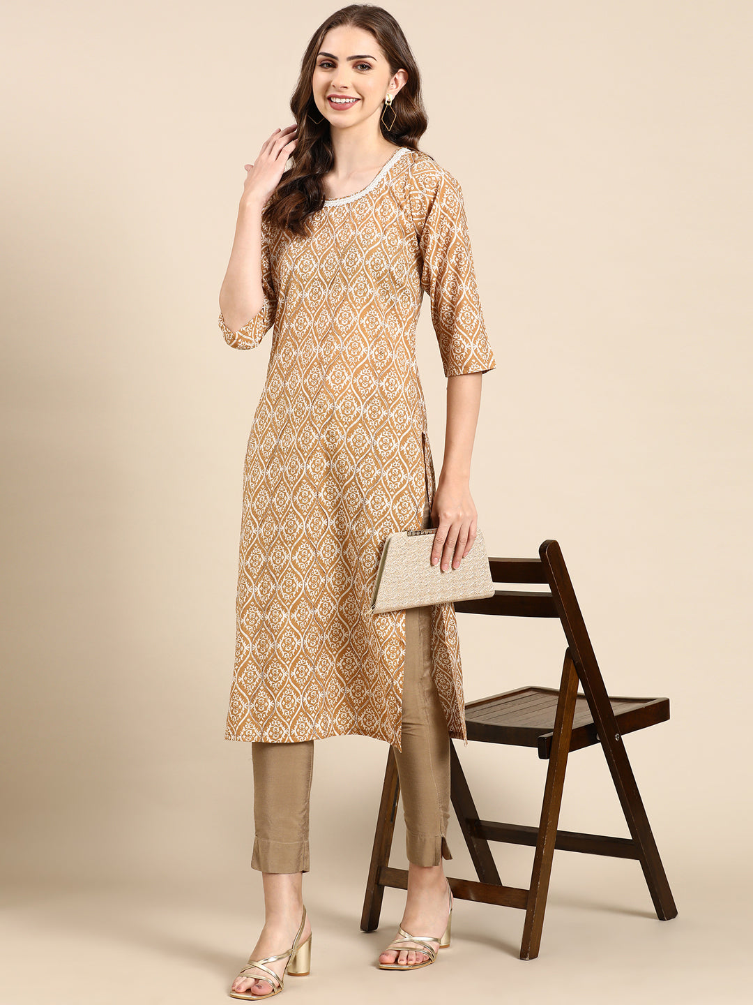 Women's Tan Printed Straight Kurta