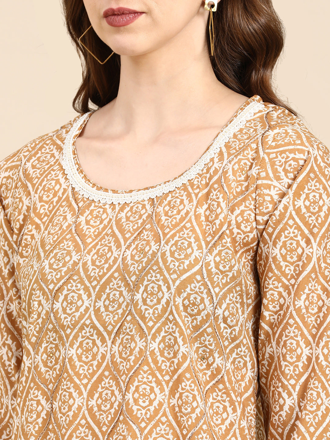 Women's Tan Printed Straight Kurta