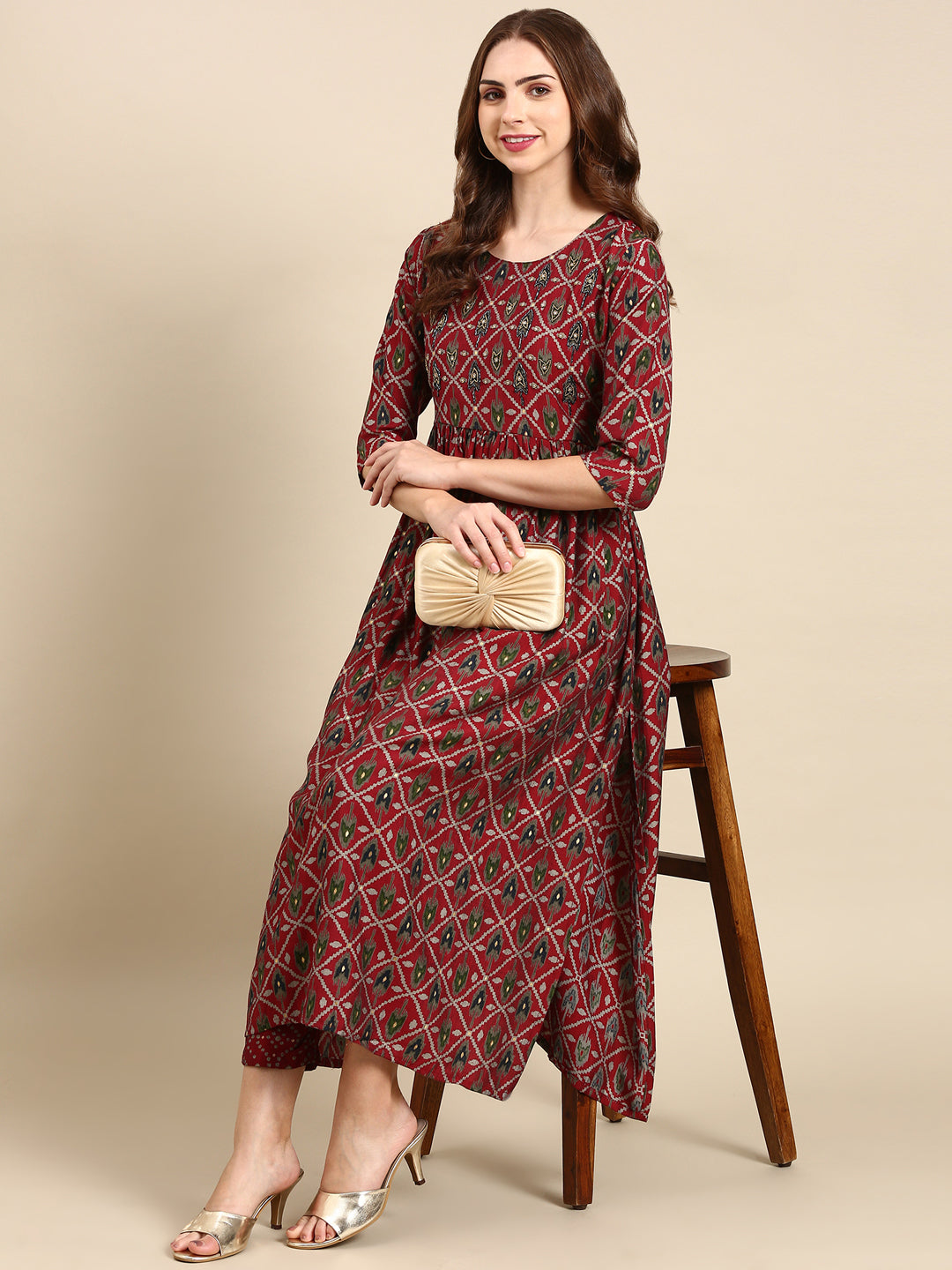 Women's Maroon Printed Kurta Set