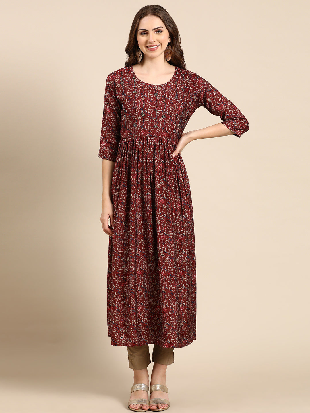 Women's Maroon Floral Anarkali Kurta