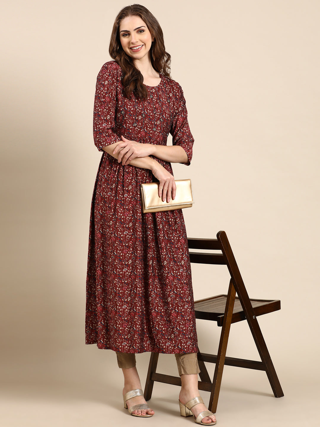 Women's Maroon Floral Anarkali Kurta