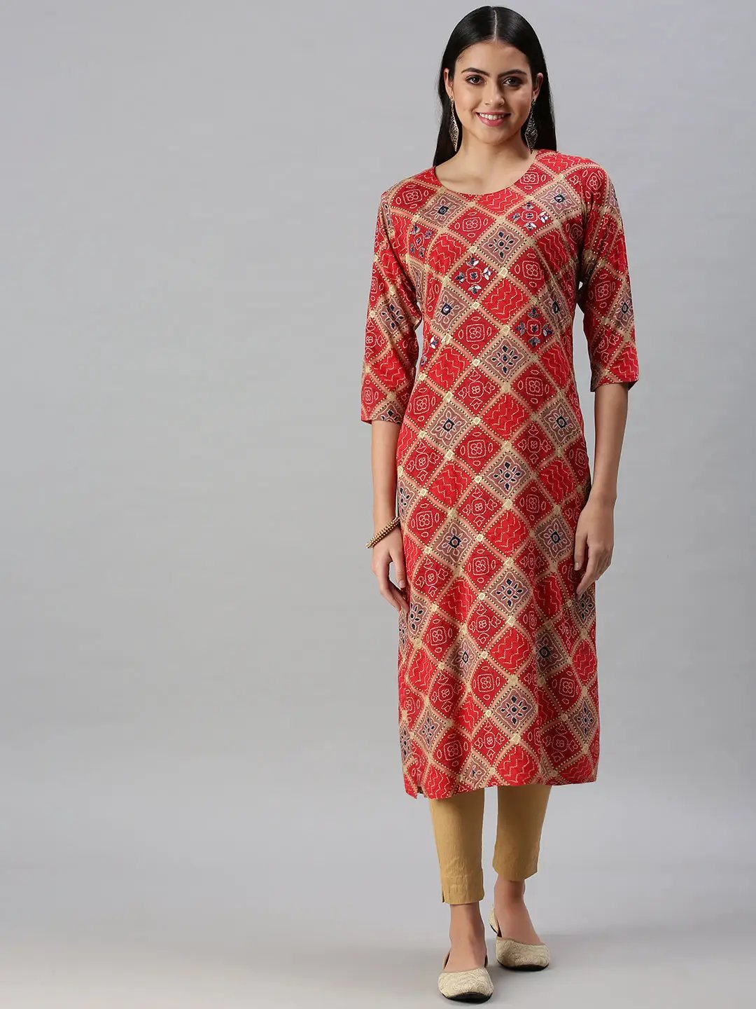 Women's Red Printed Straight Kurta