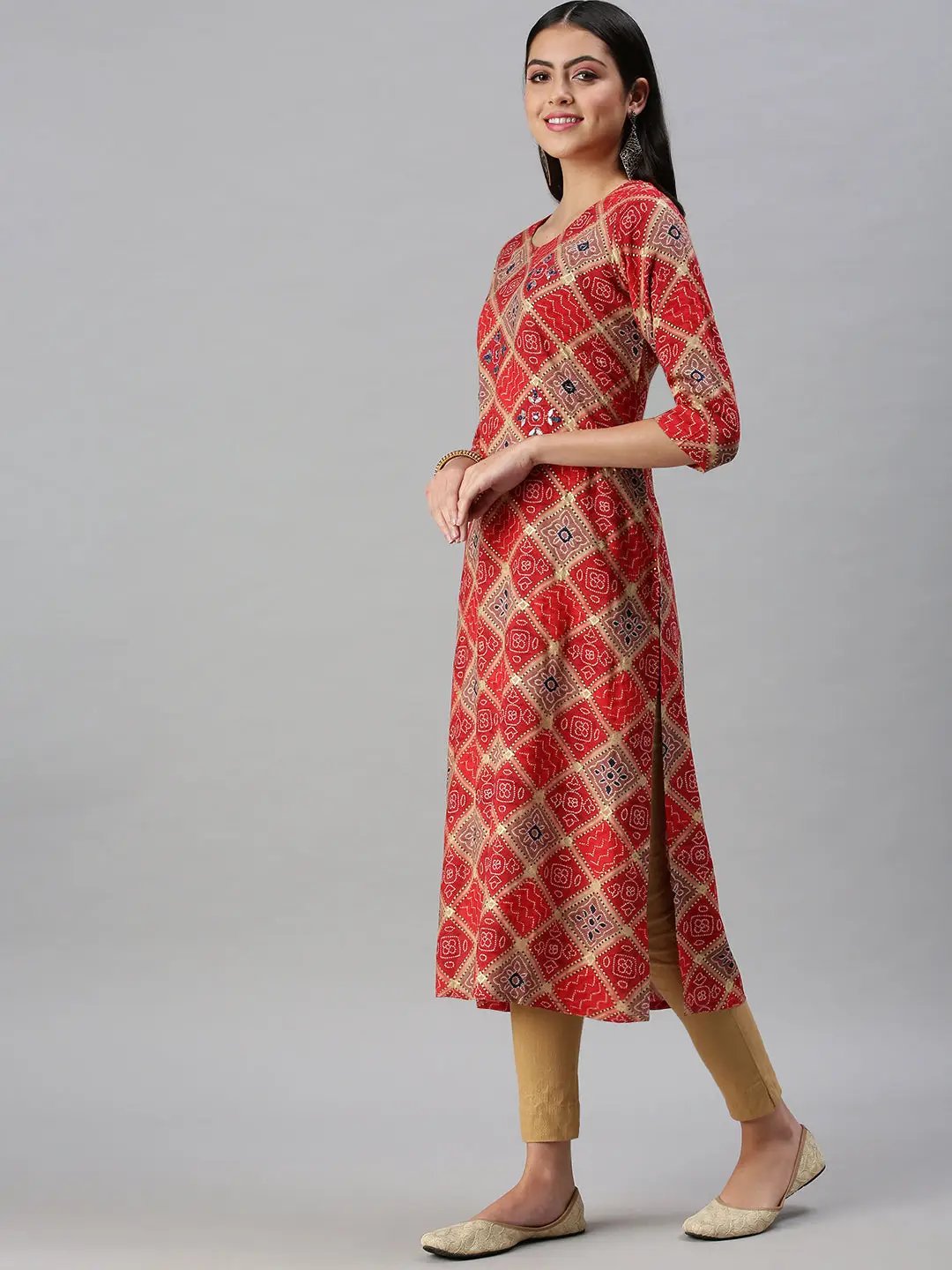 Women's Red Printed Straight Kurta