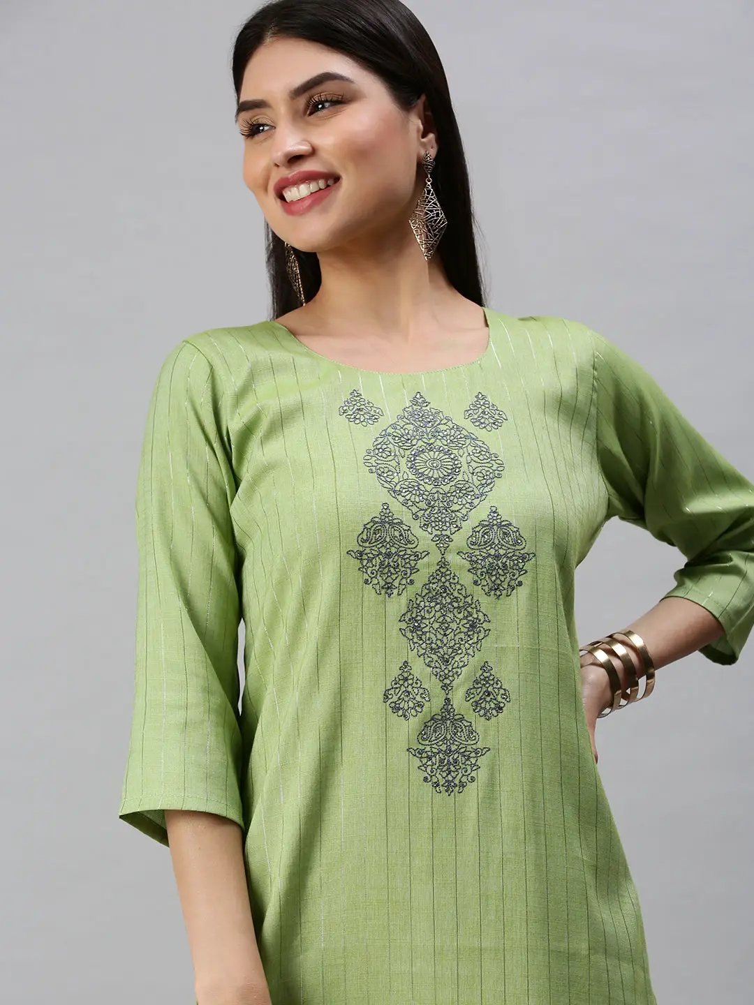 Women's Green Striped Straight Kurta