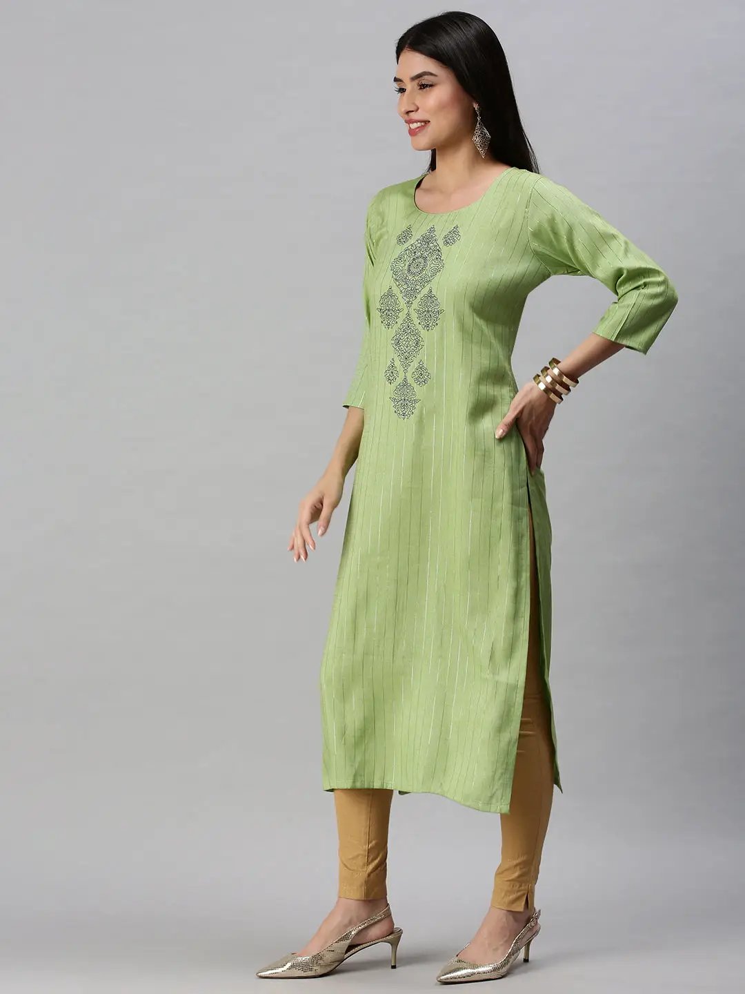 Women's Green Striped Straight Kurta