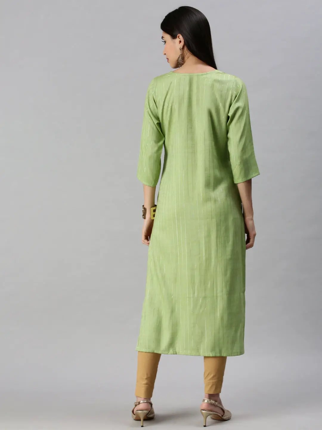 Women's Green Striped Straight Kurta