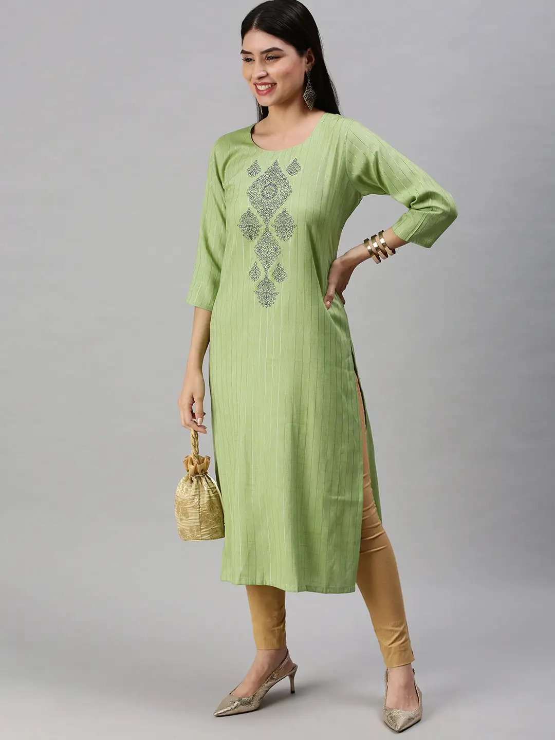 Women's Green Striped Straight Kurta