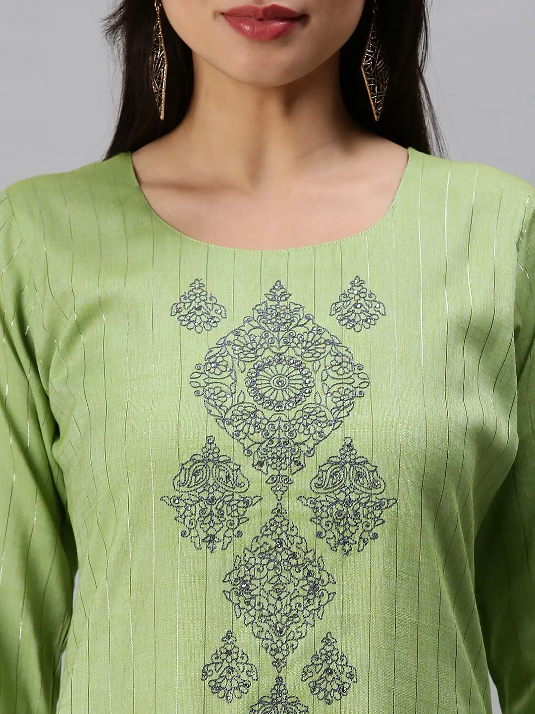 Women's Green Striped Straight Kurta