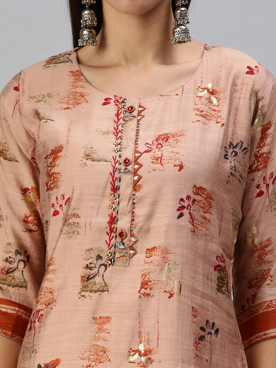 Women's Peach Printed Kurta Sets