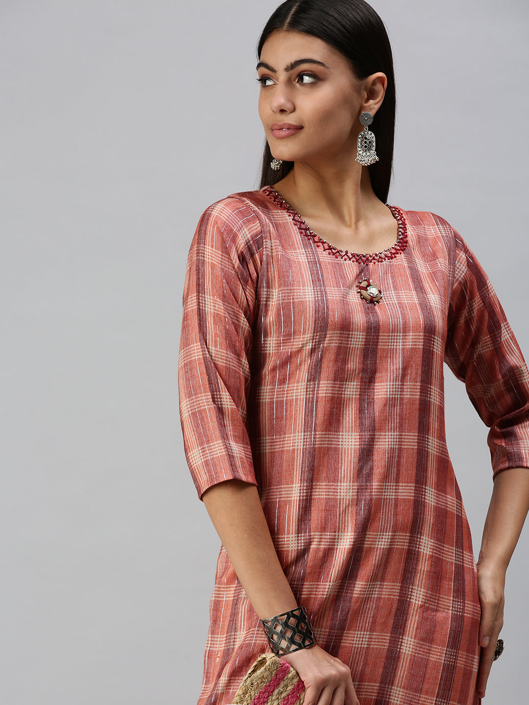 Women's Rust Checked Straight Kurta