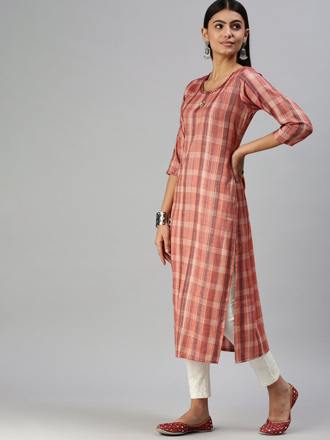 Women's Rust Checked Straight Kurta