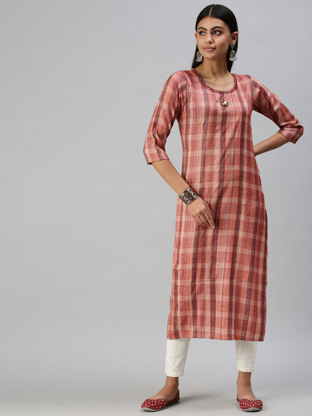 Women's Rust Checked Straight Kurta