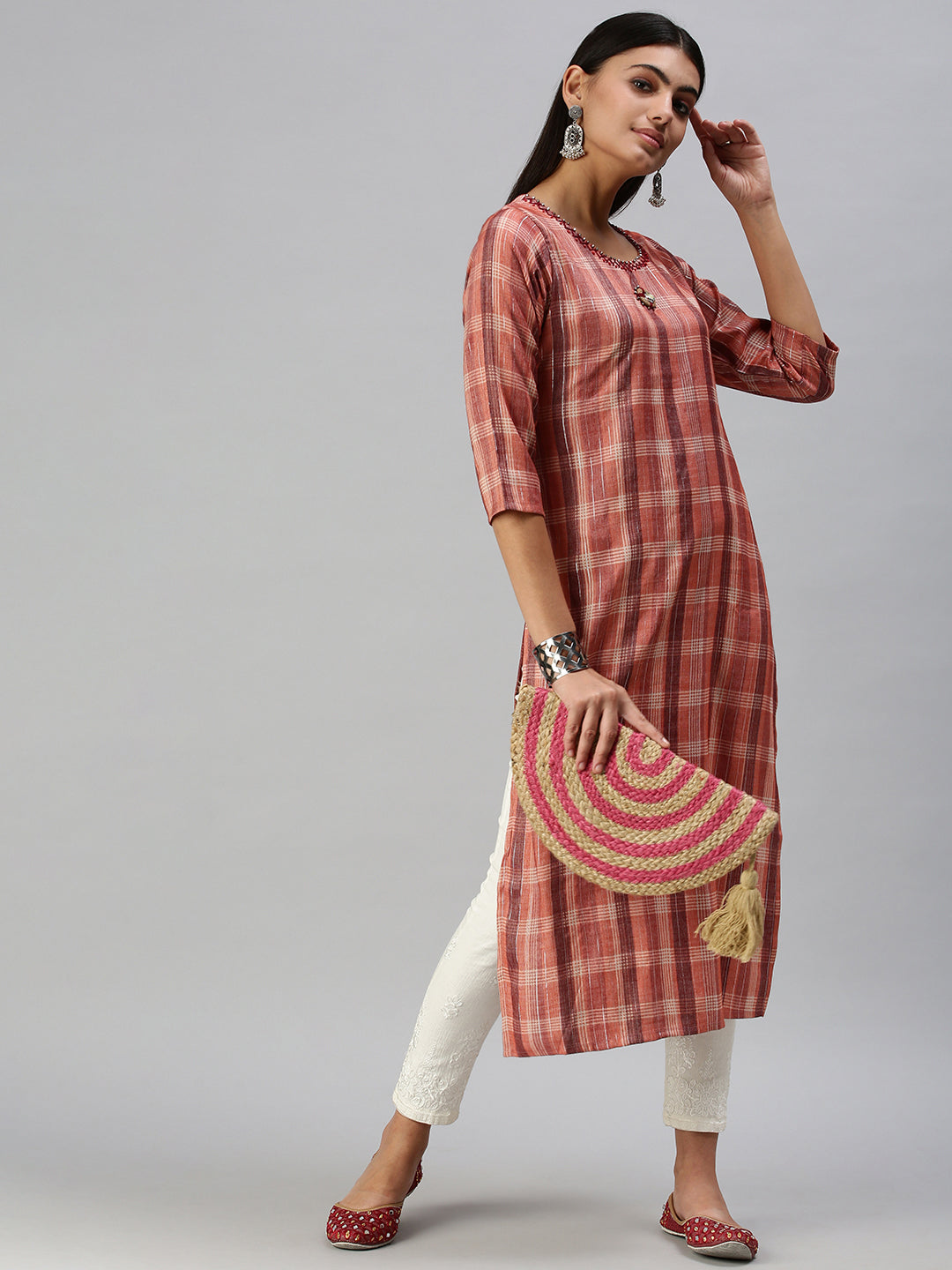 Women's Rust Checked Straight Kurta