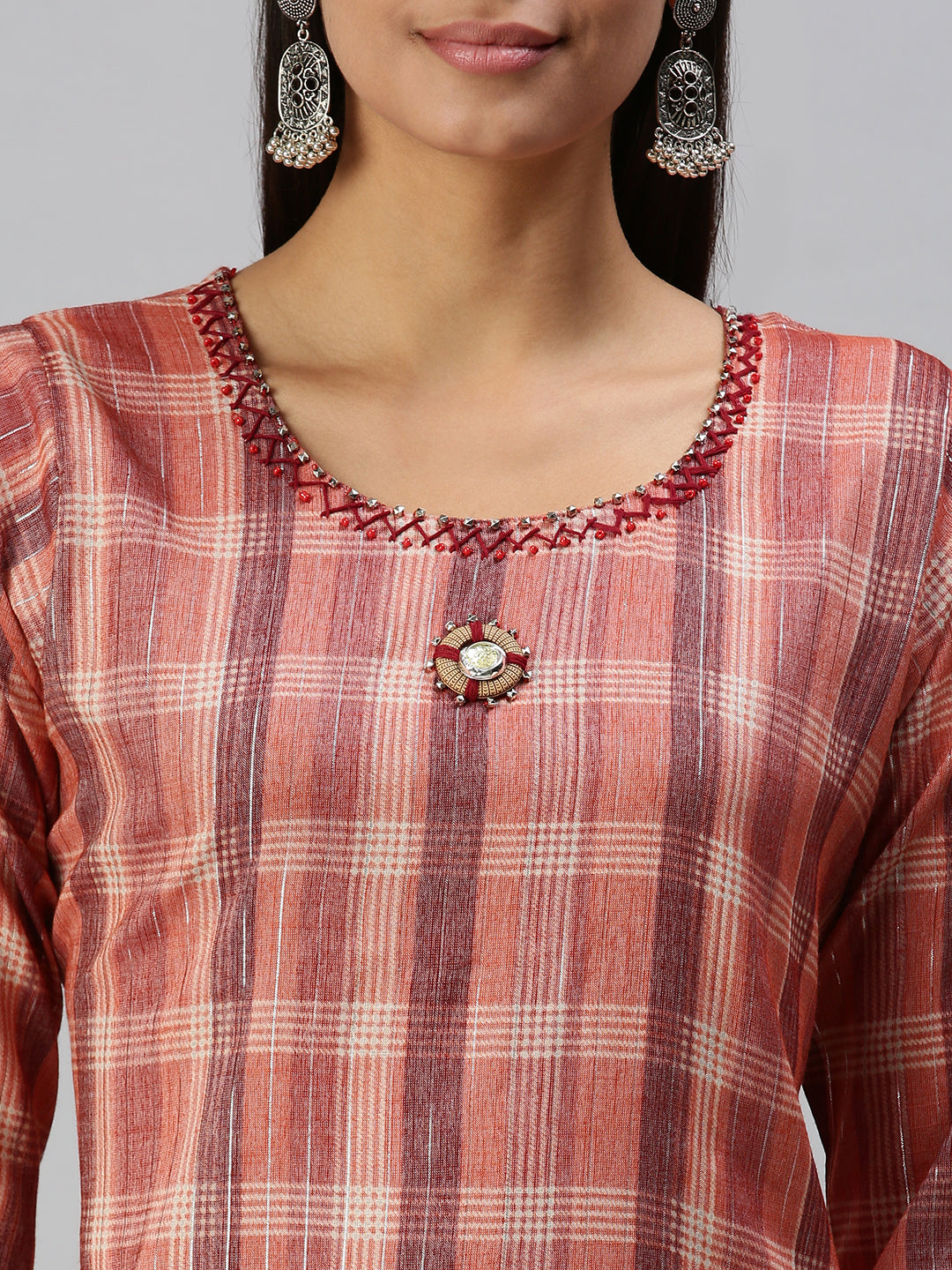 Women's Rust Checked Straight Kurta