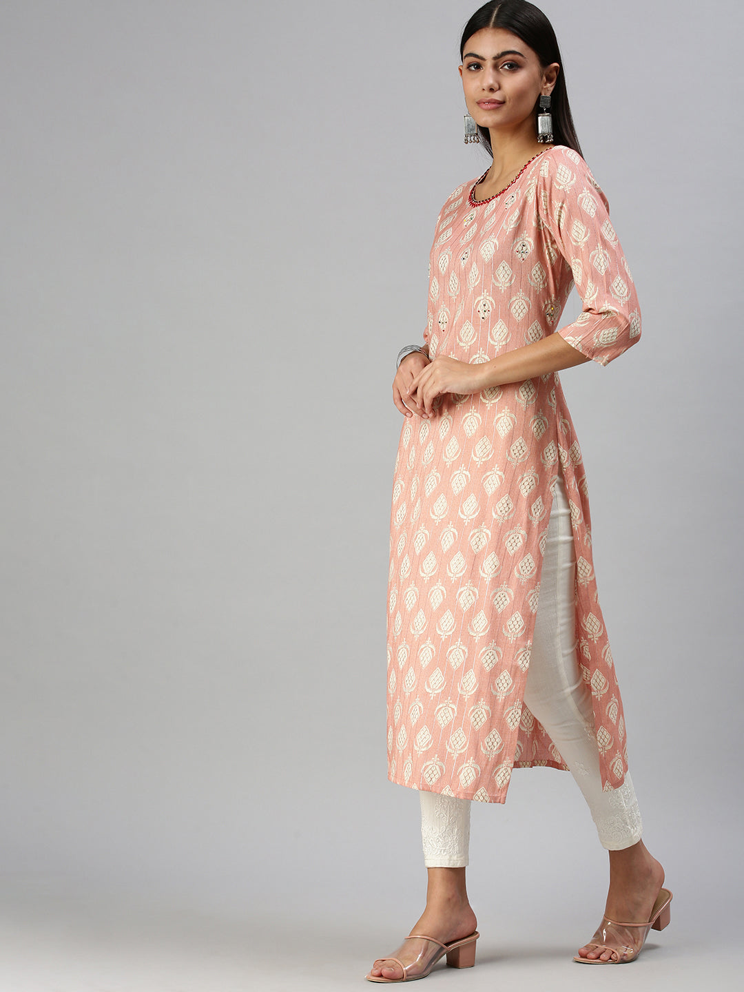 Women's Peach Printed Straight Kurta