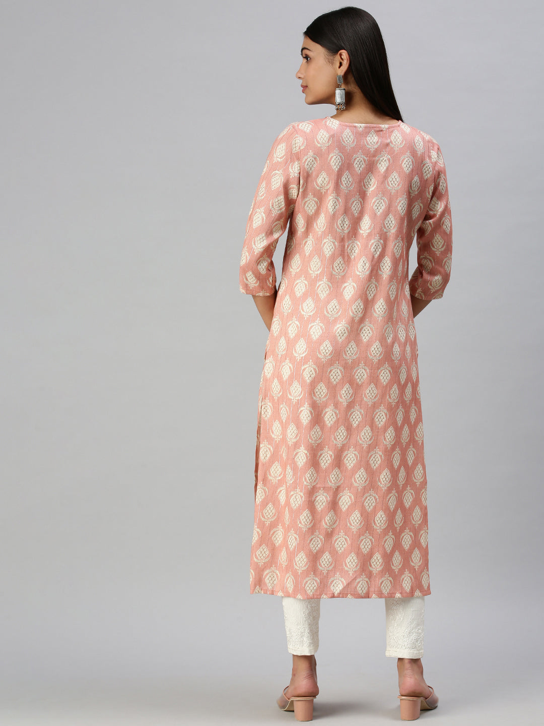 Women's Peach Printed Straight Kurta