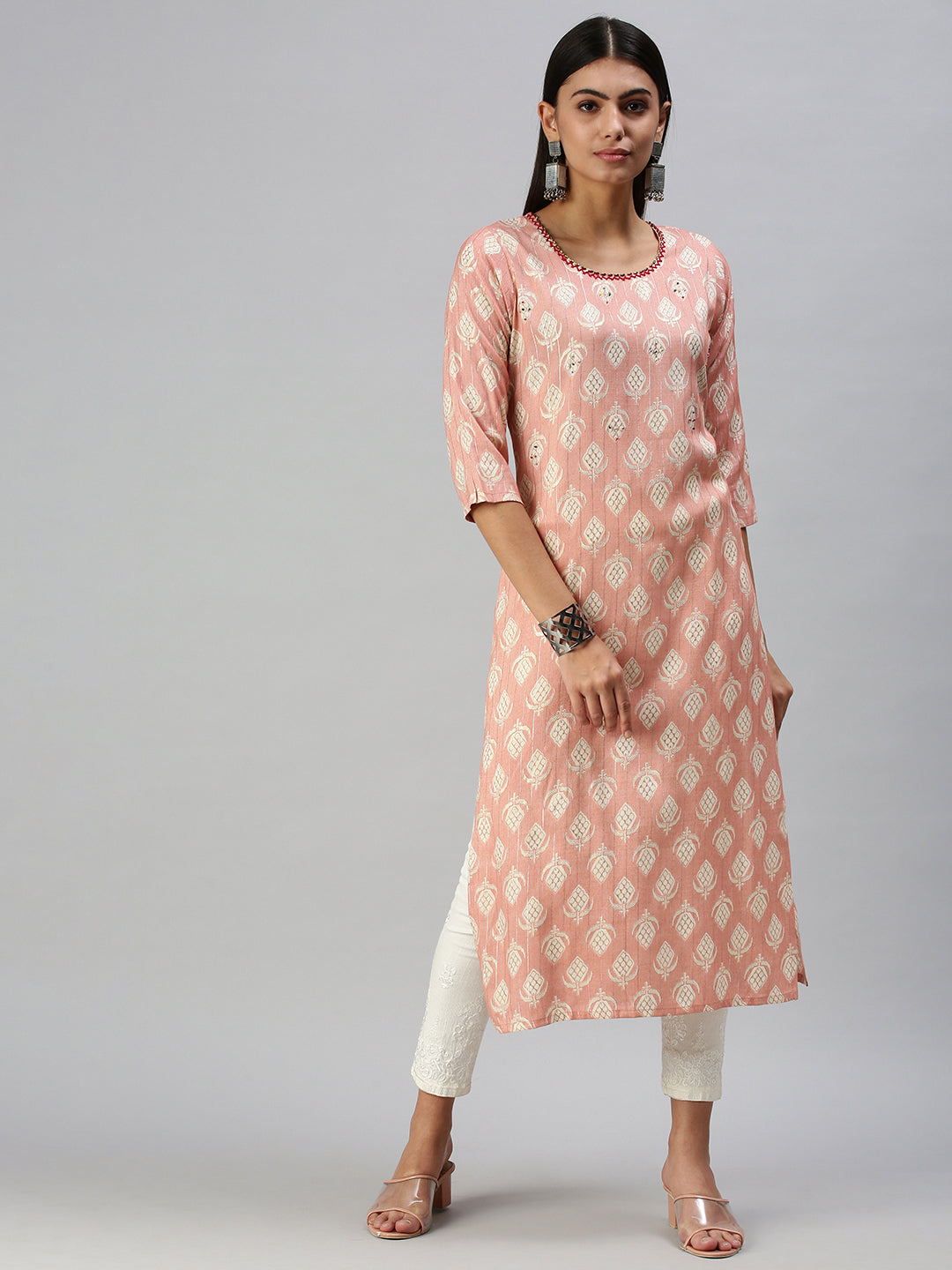 Women's Peach Printed Straight Kurta