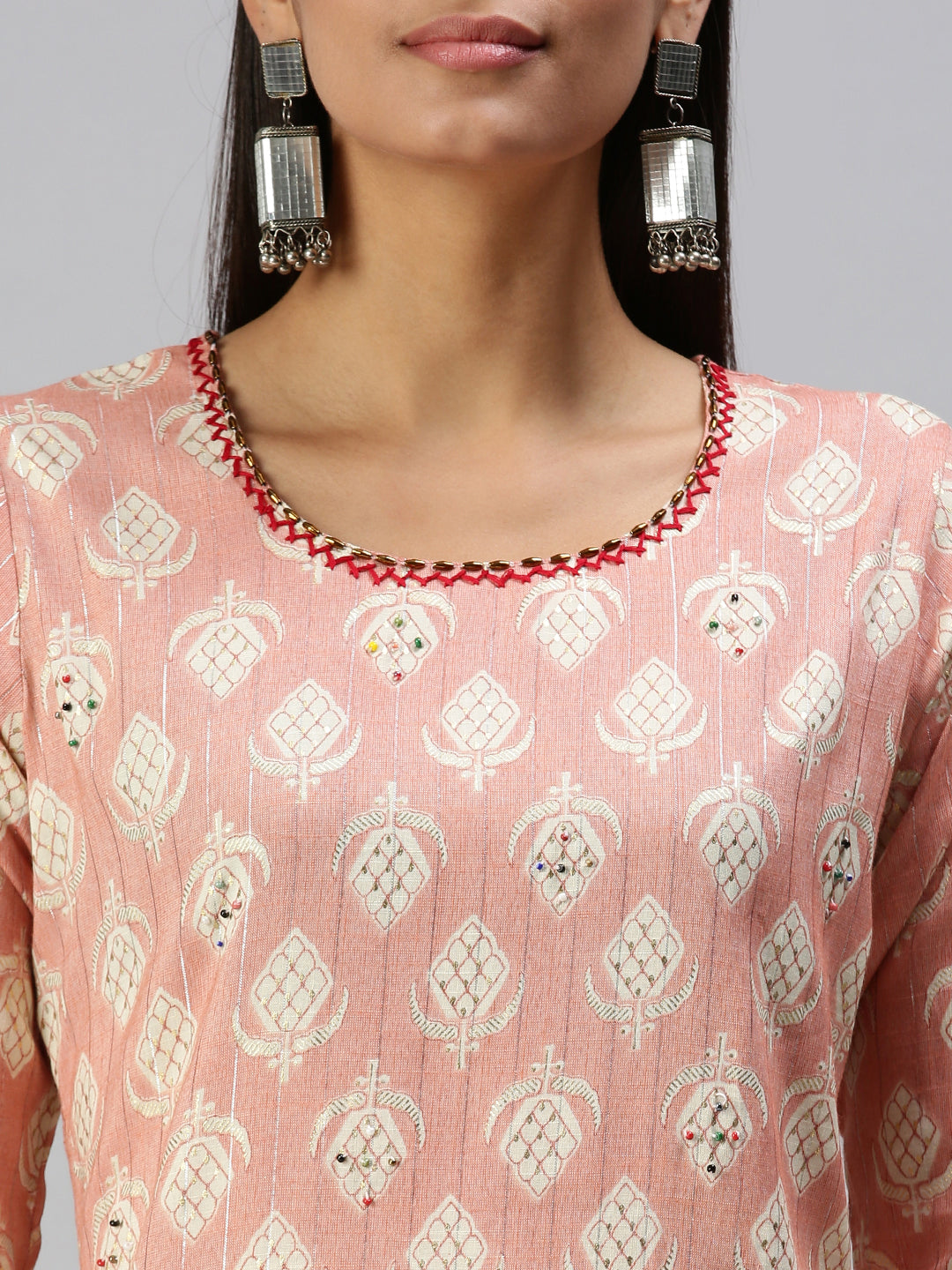 Women's Peach Printed Straight Kurta