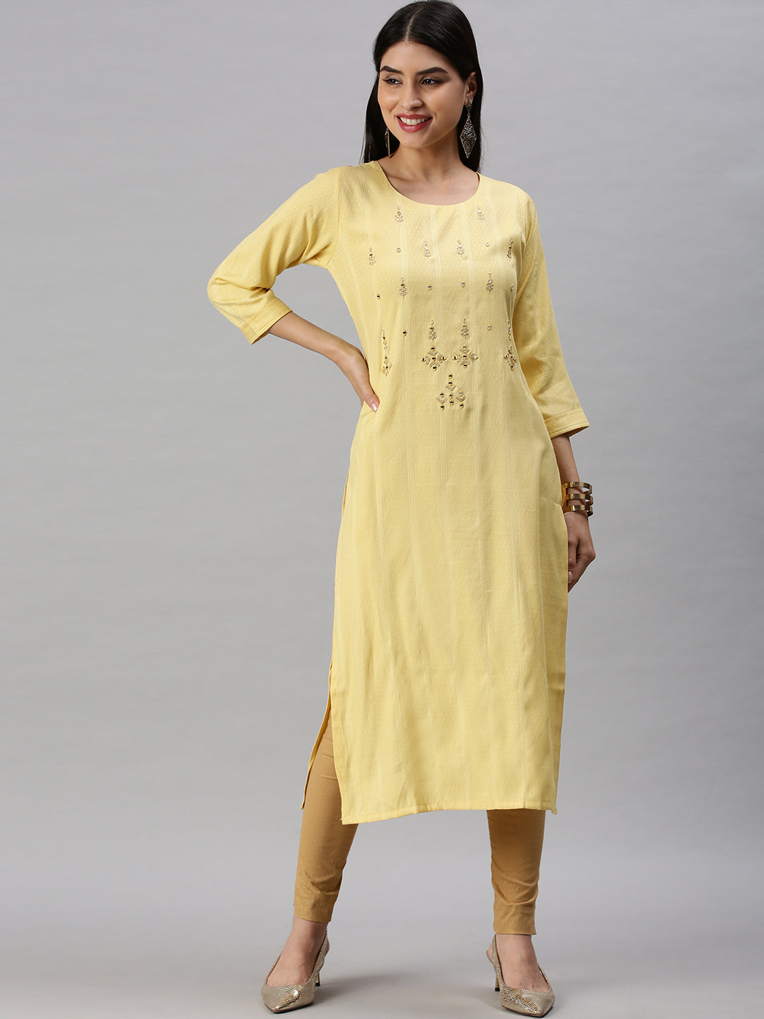 Women's Yellow Striped Straight Kurta