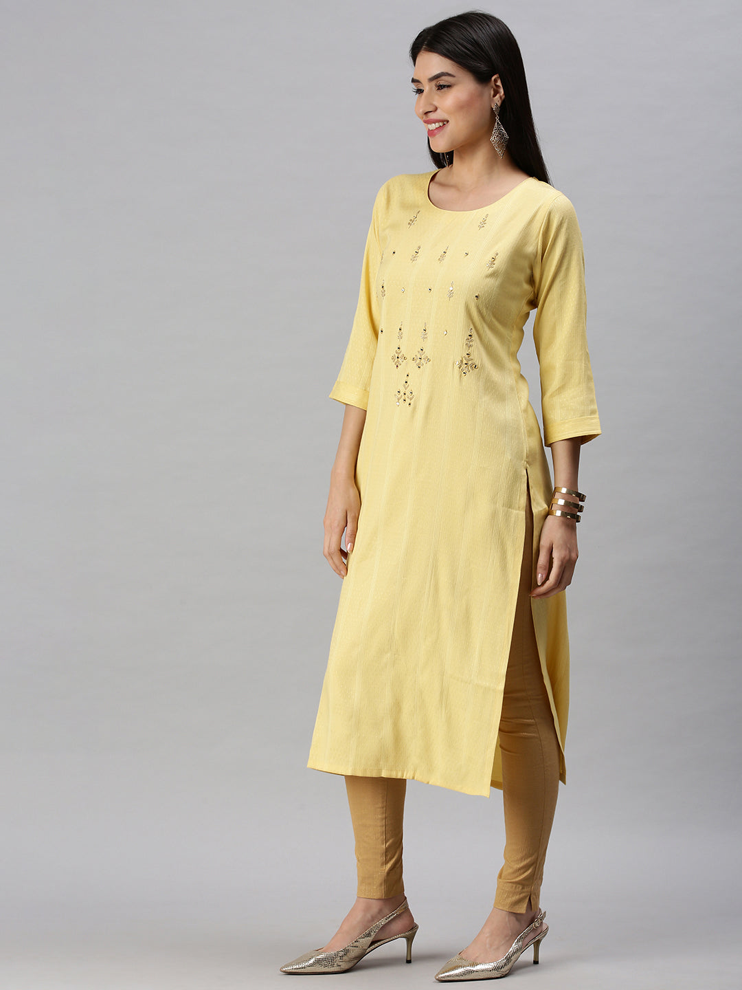 Women's Yellow Striped Straight Kurta