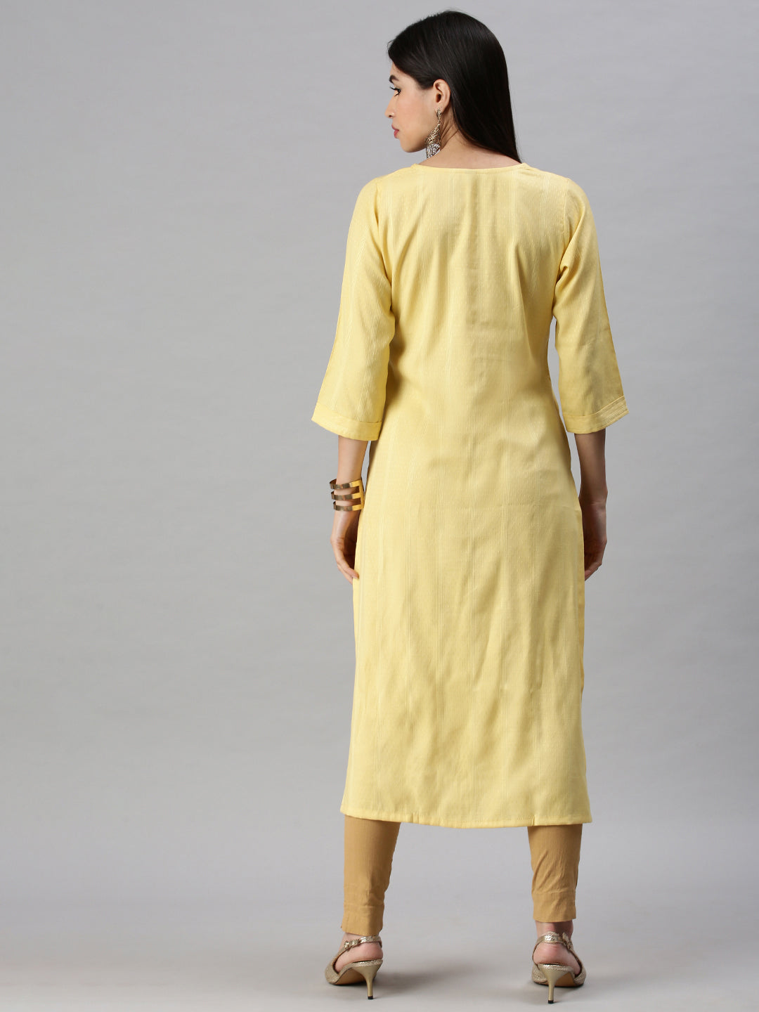 Women's Yellow Striped Straight Kurta