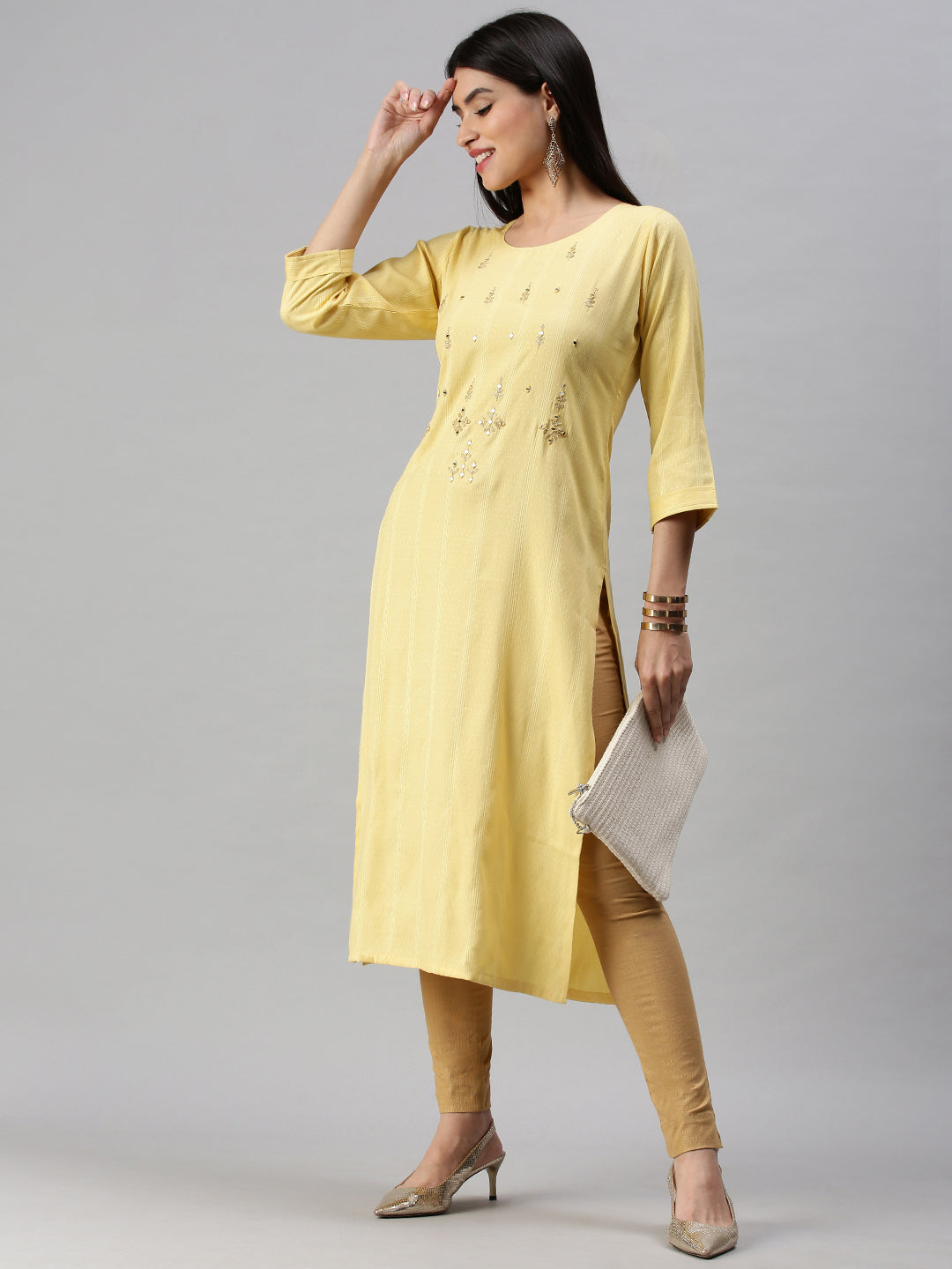 Women's Yellow Striped Straight Kurta