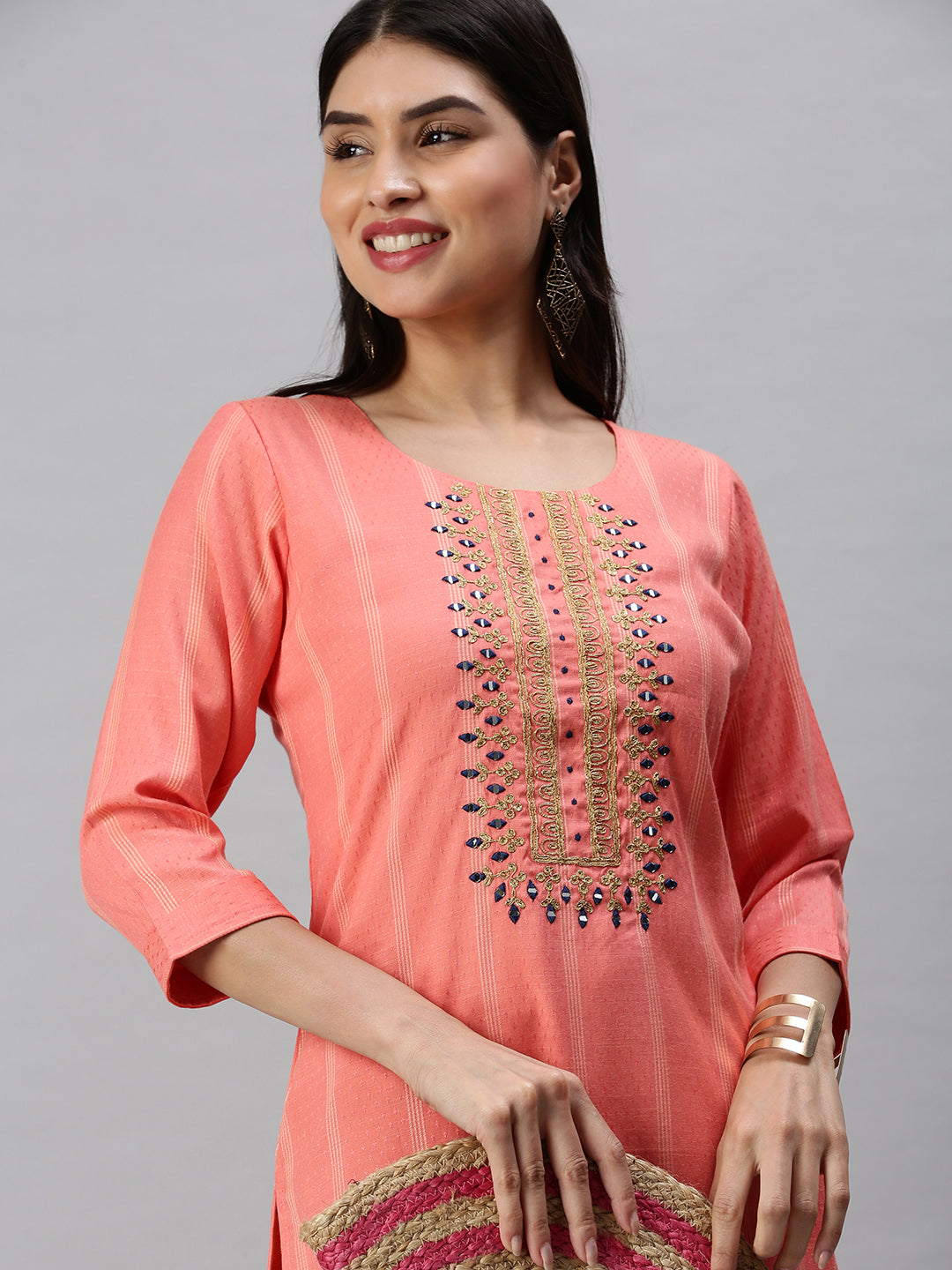 Women's Pink Striped Straight Kurta