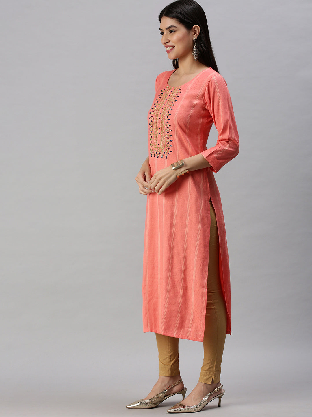 Women's Pink Striped Straight Kurta