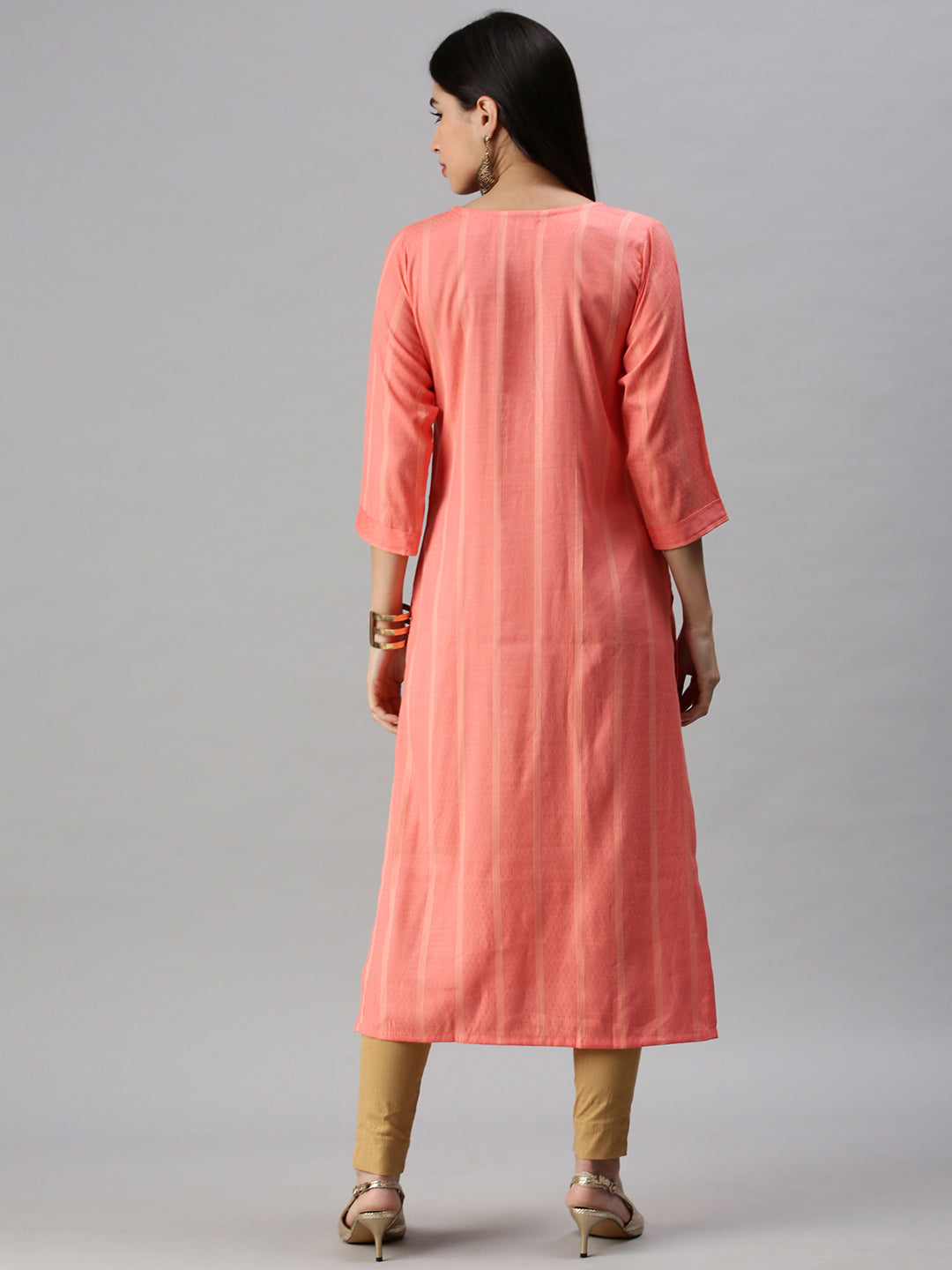 Women's Pink Striped Straight Kurta