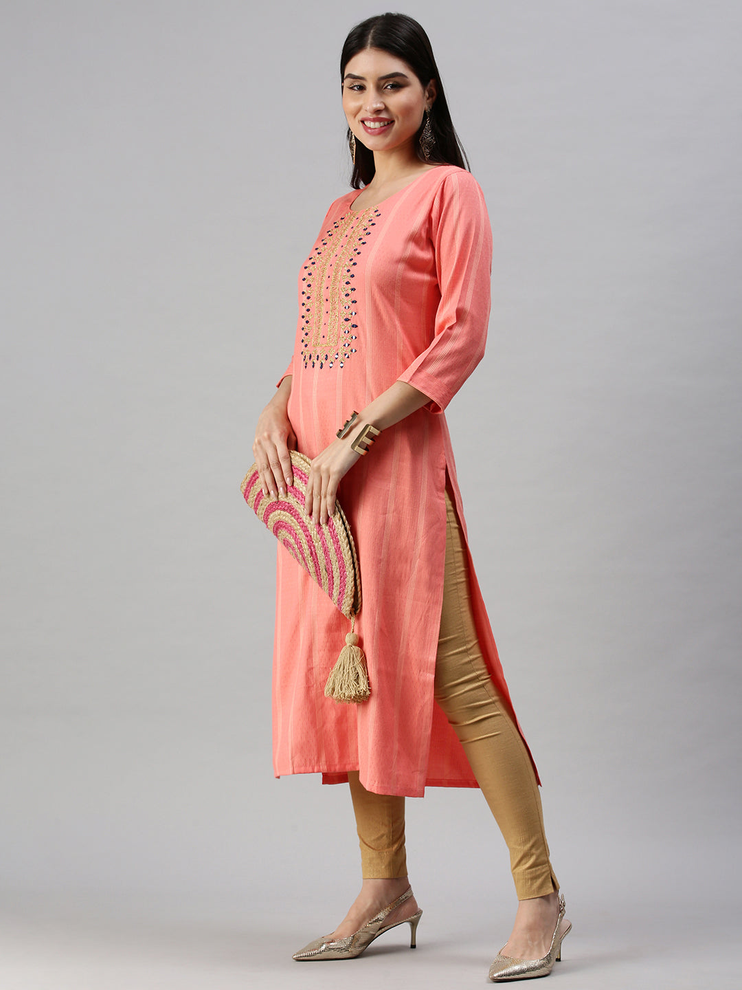 Women's Pink Striped Straight Kurta