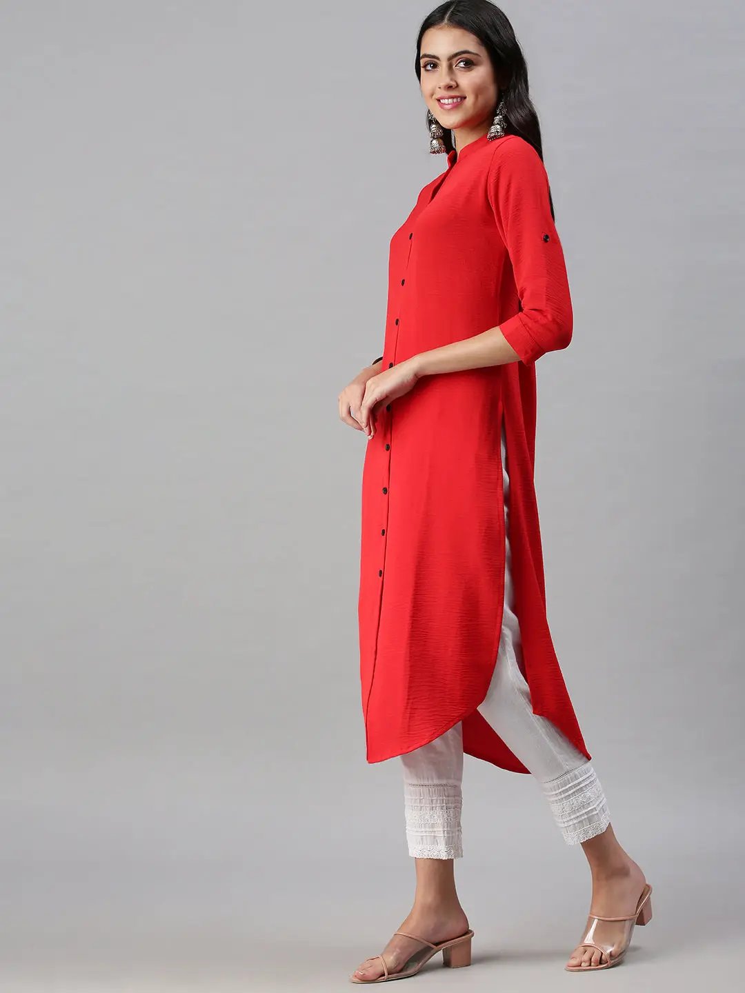 Women's Red Solid Straight Kurta
