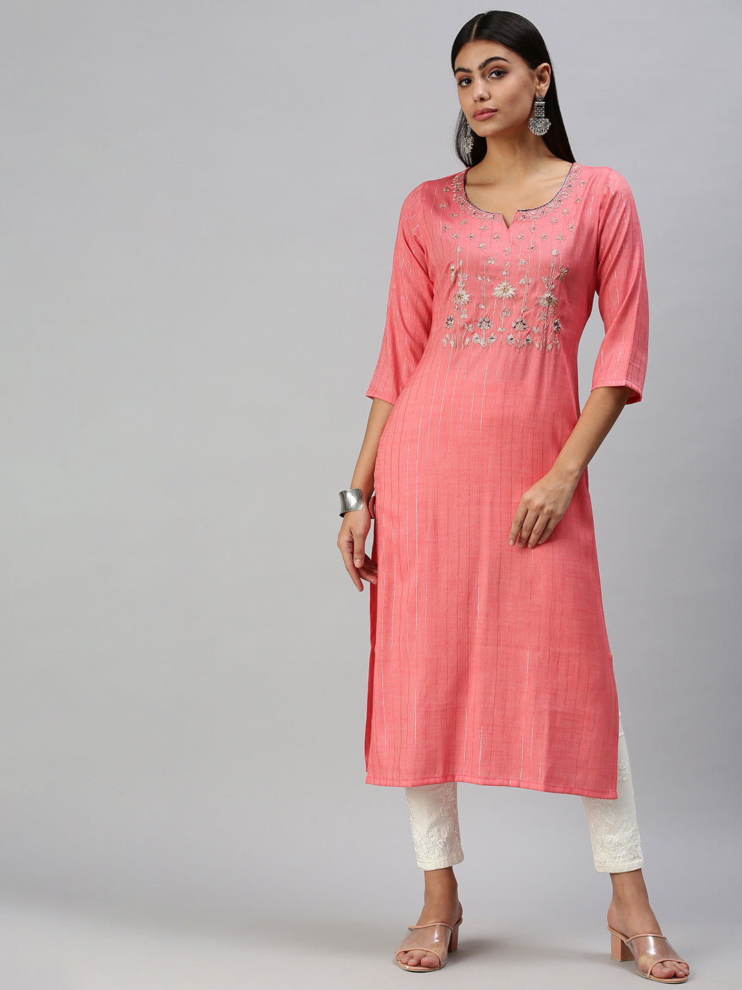 Women's Pink Printed Straight Kurta