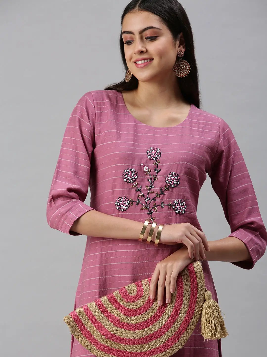Women's Pink Striped Straight Kurta