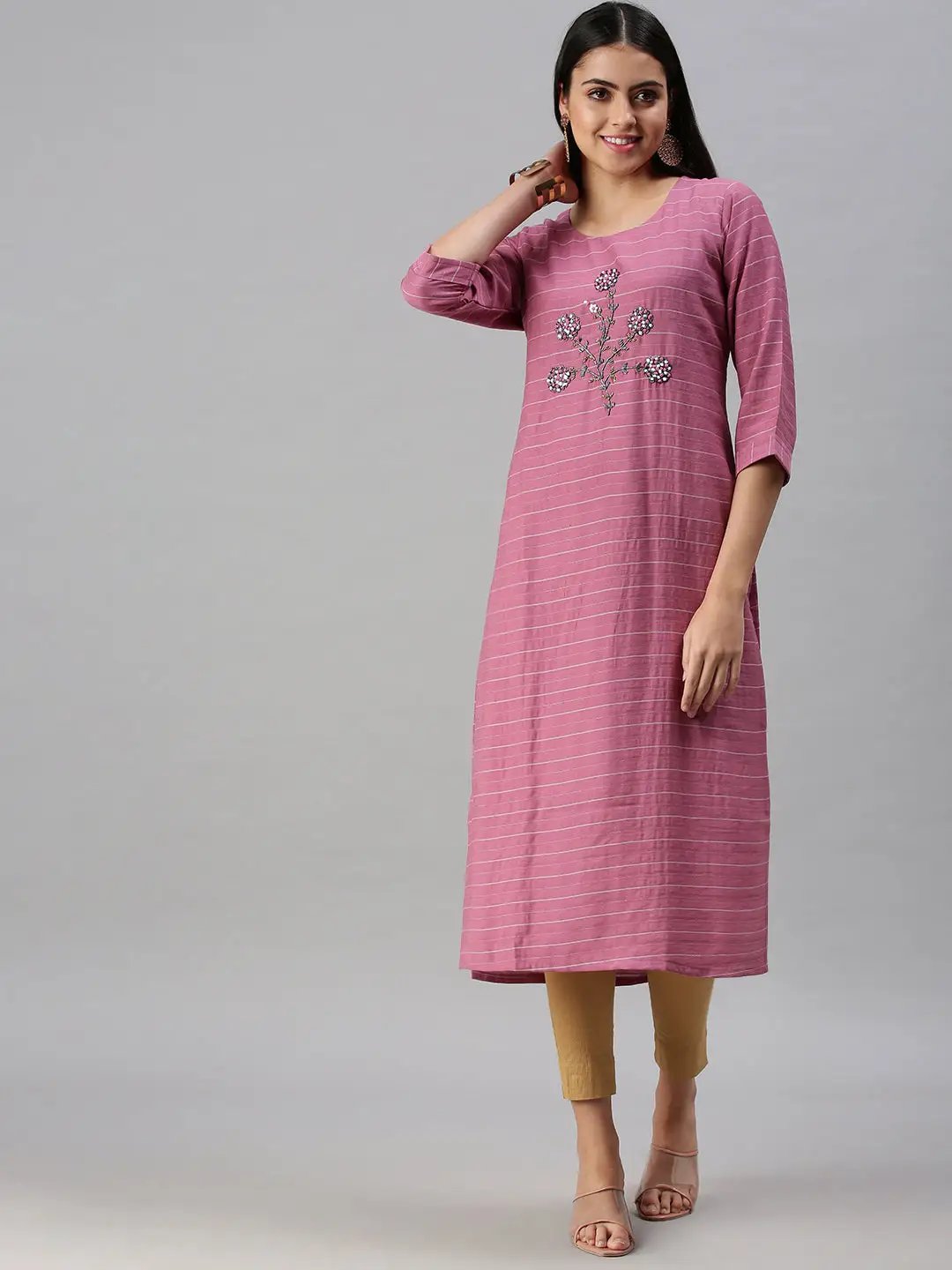 Women's Pink Striped Straight Kurta