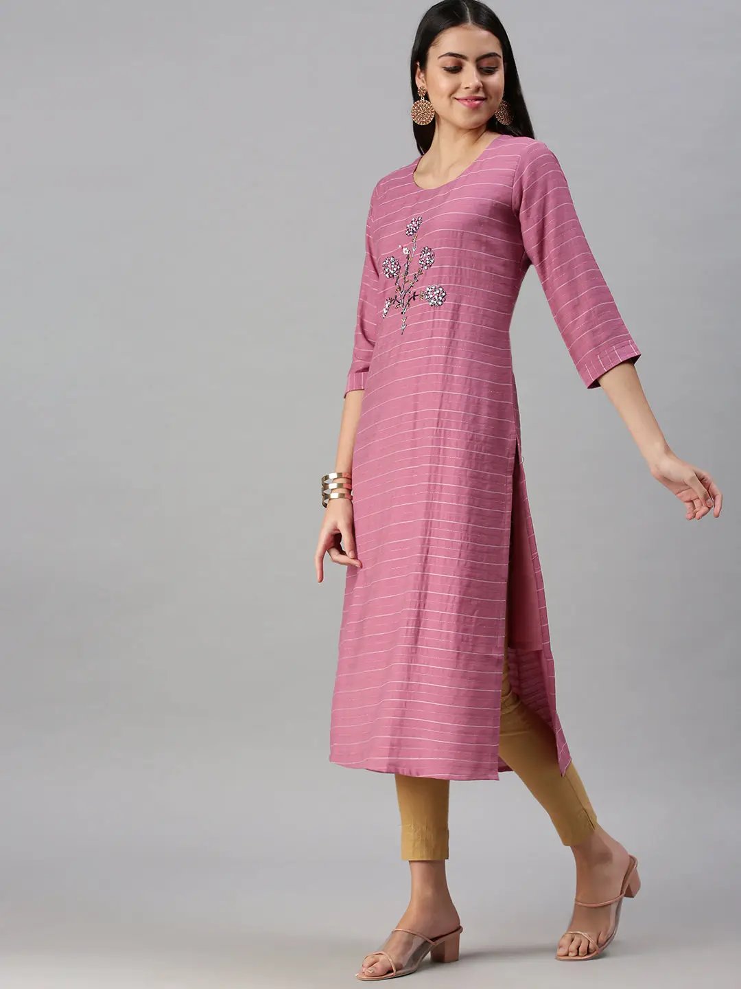 Women's Pink Striped Straight Kurta