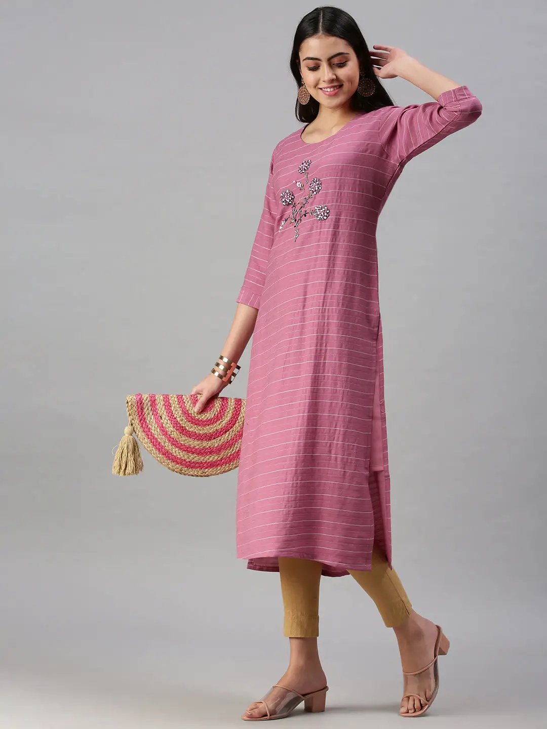 Women's Pink Striped Straight Kurta