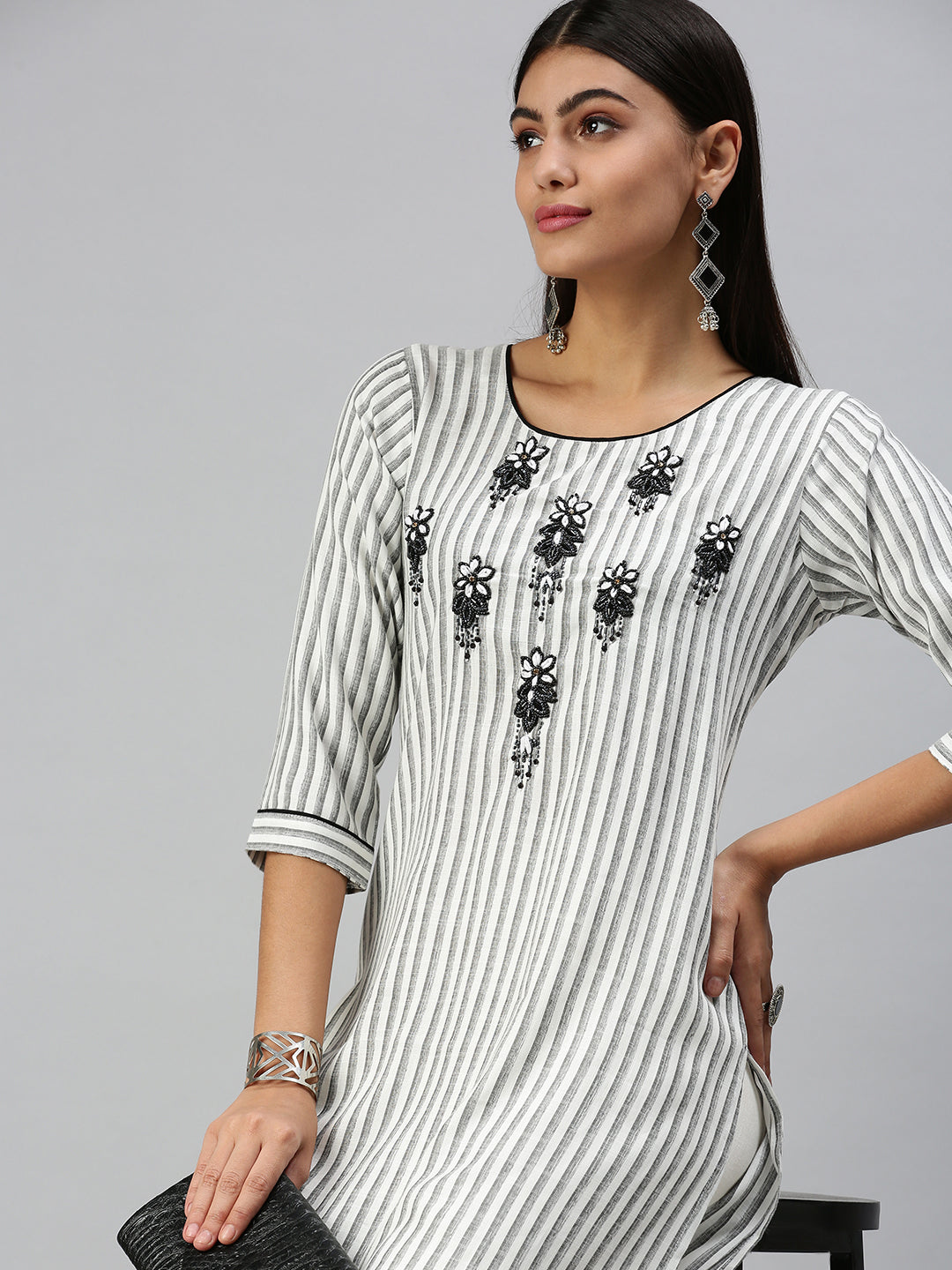 Women's White & Black Striped A-Line Kurta