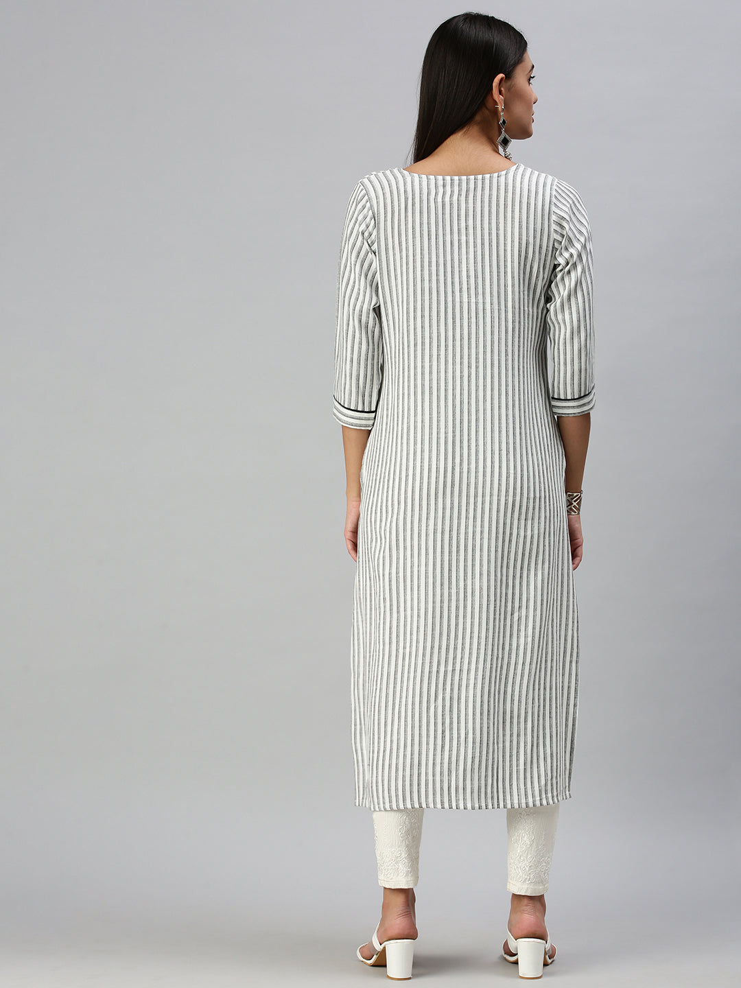 Women's White & Black Striped A-Line Kurta