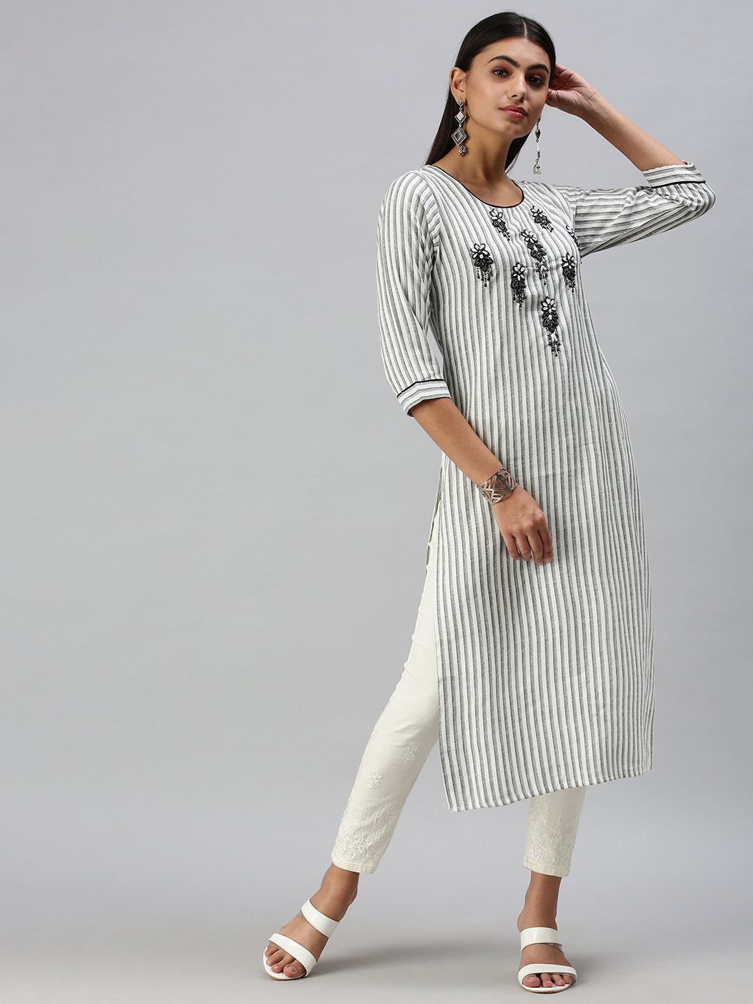 Women's White & Black Striped A-Line Kurta