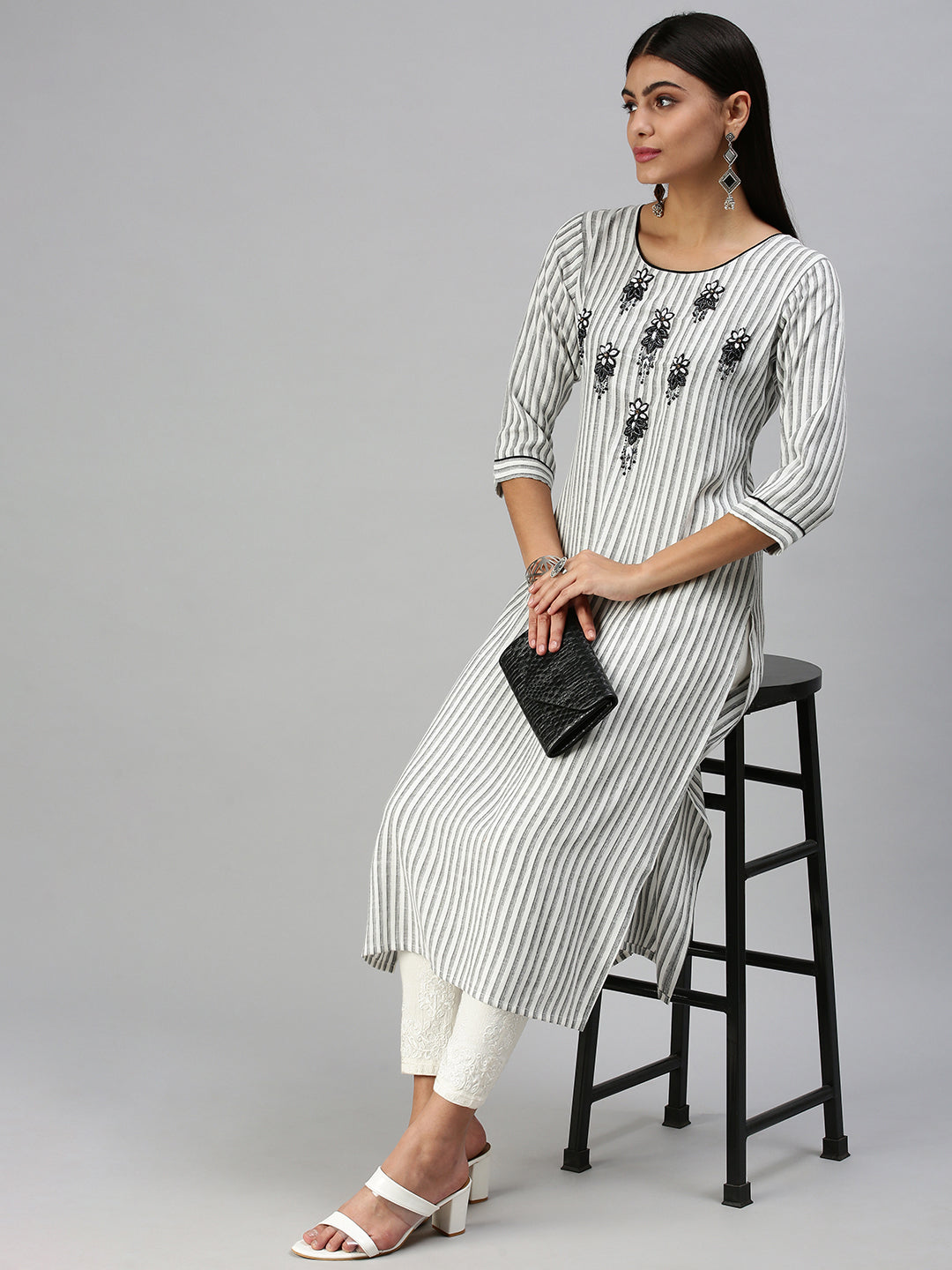 Women's White & Black Striped A-Line Kurta