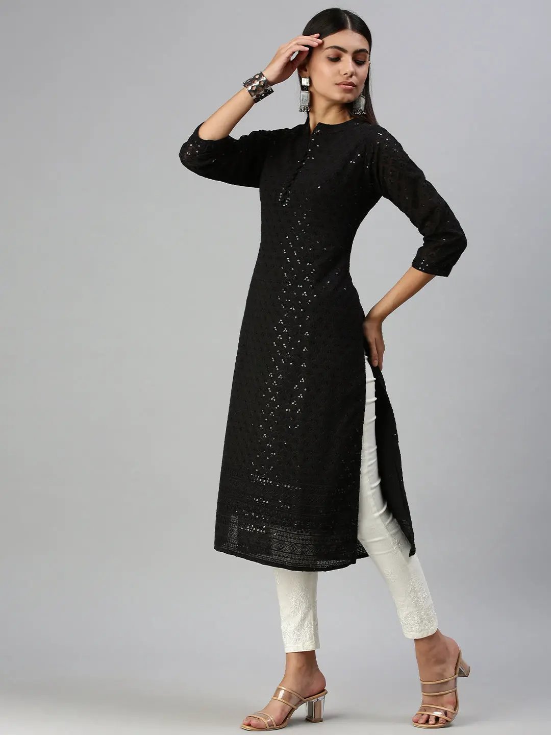 Women's Black Embroidered Straight Kurta