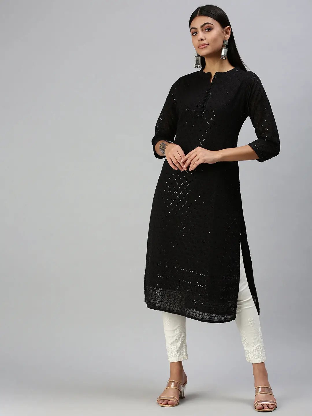 Women's Black Embroidered Straight Kurta