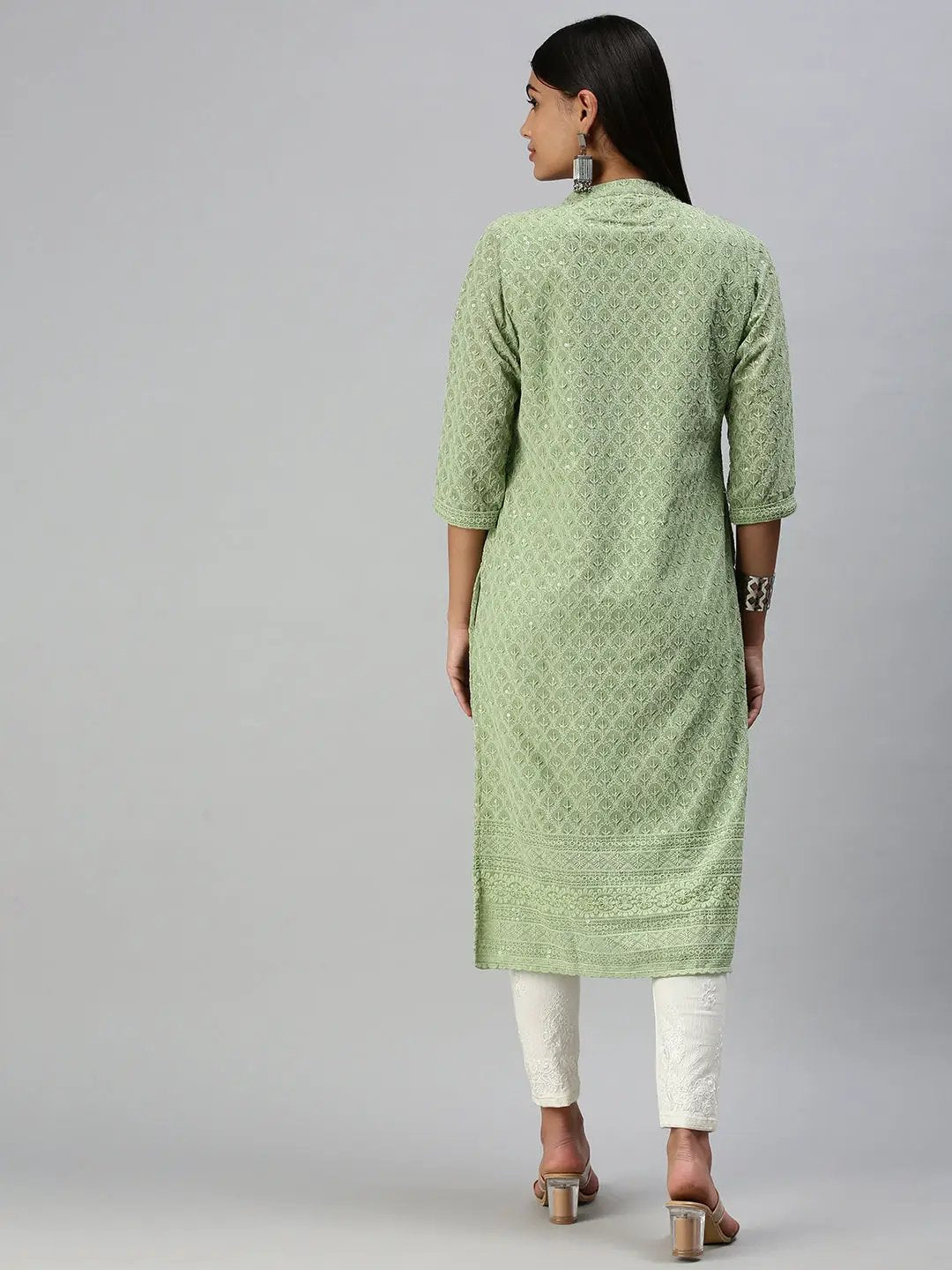 Women's Green Embroidered Straight Kurta