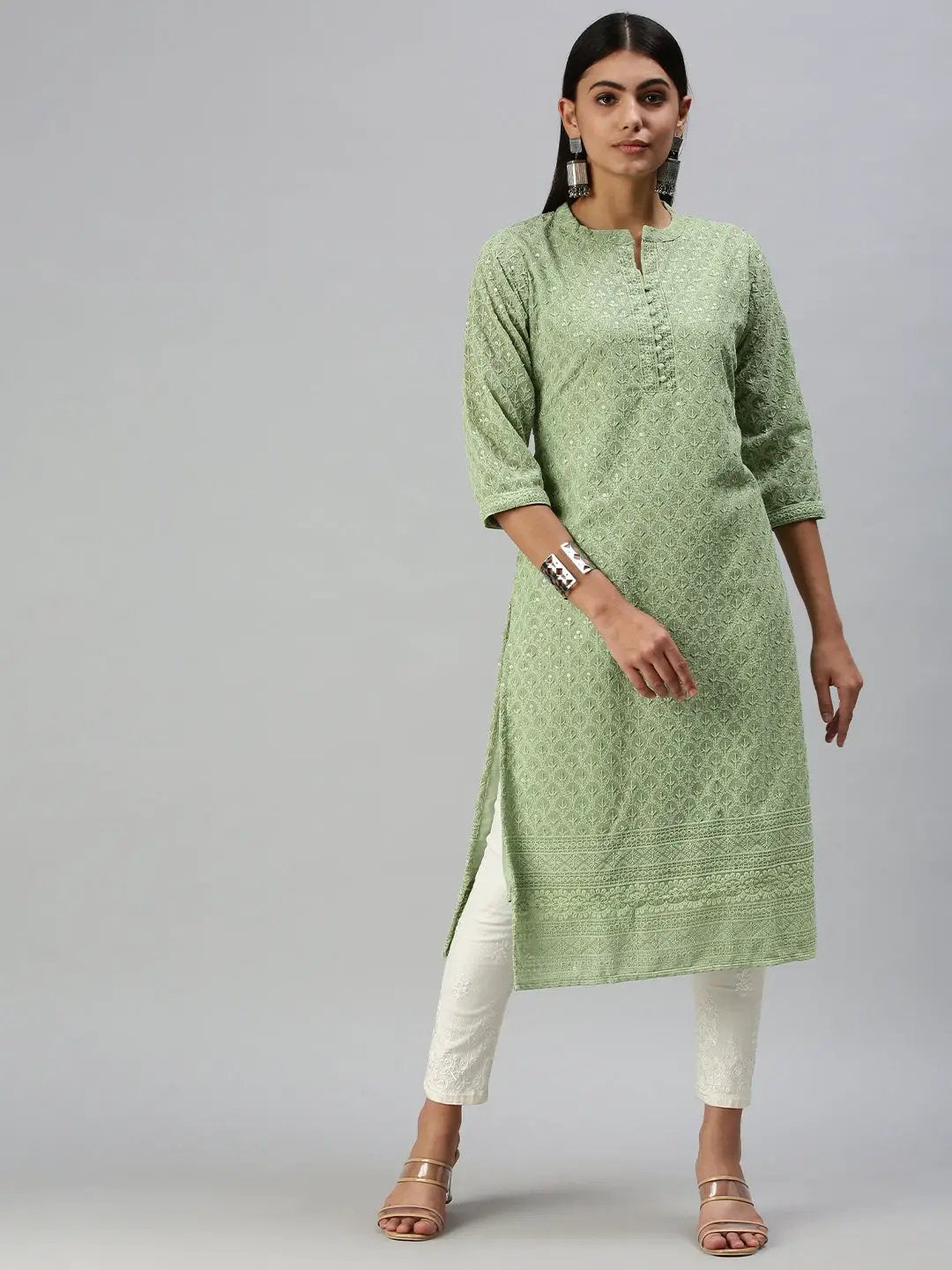 Women's Green Embroidered Straight Kurta