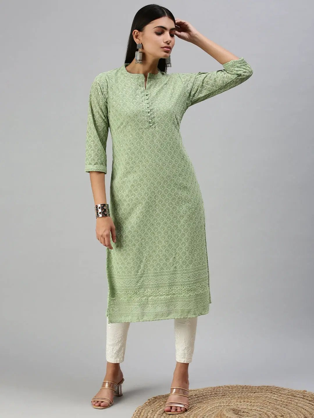 Women's Green Embroidered Straight Kurta
