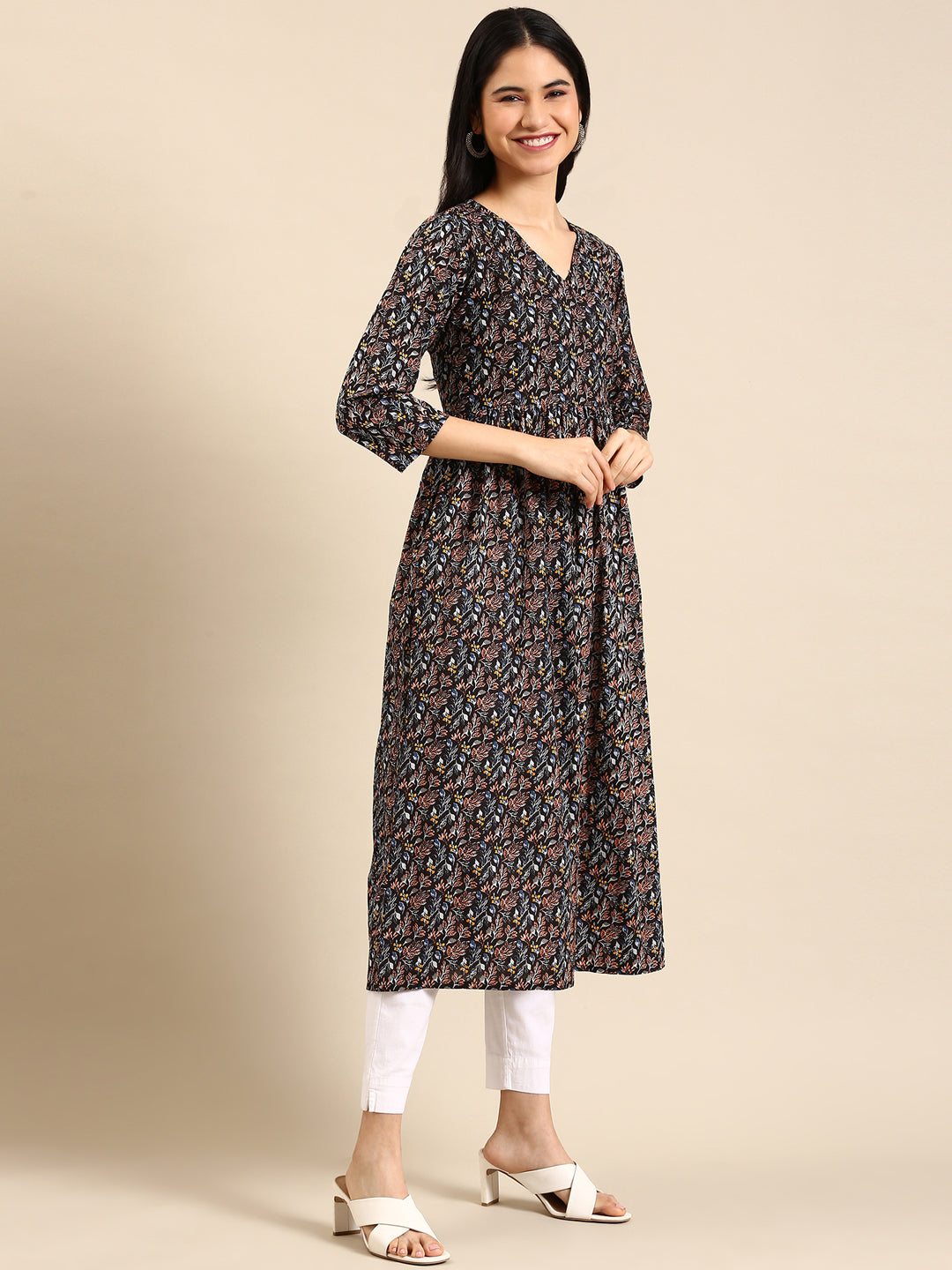 Women's Black Printed A-Line Kurta